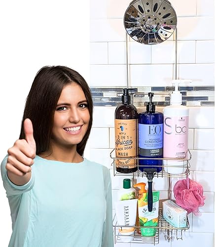 Miniatura 1 de Gecko-Loc Organizador de ducha extra largo ajustable sobre el cabezal de ducha - Organizador de acero inoxidable con estabilizador de succión, cesta