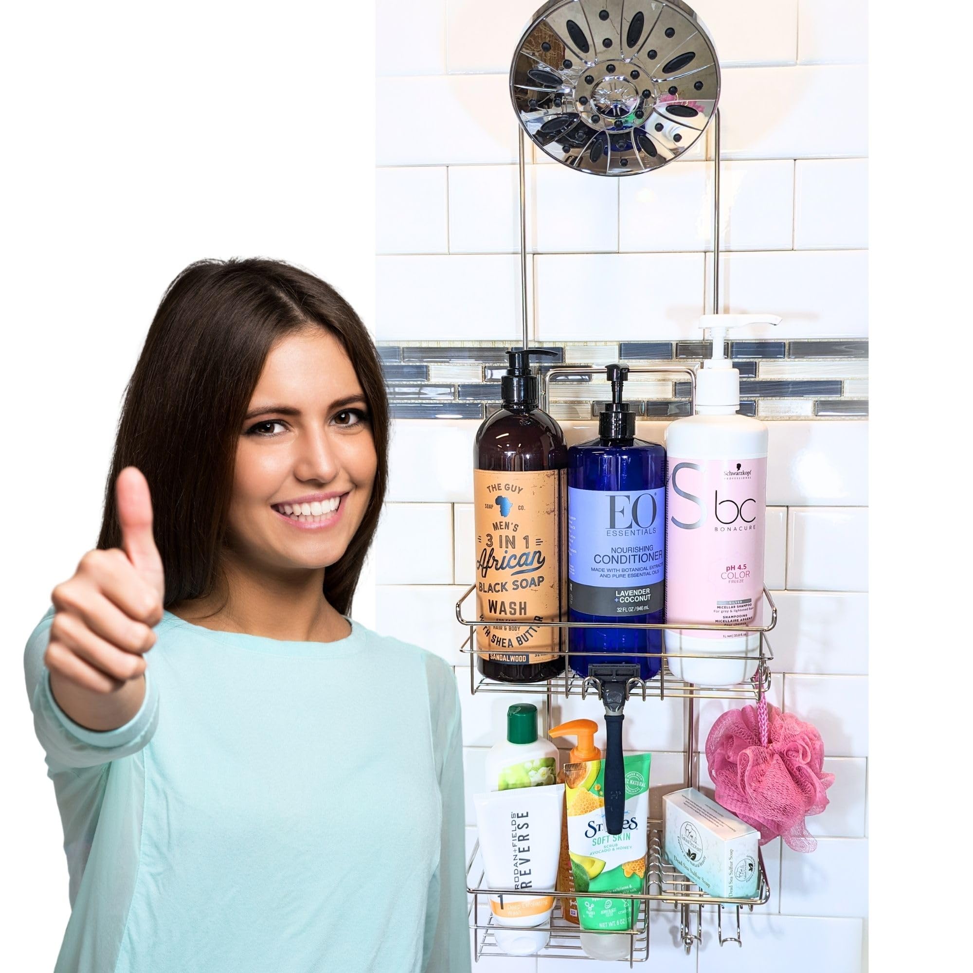 Gecko-Loc Extra-Long Adjustable Over-the-Showerhead Shower Caddy – Rustproof Stainless Steel Organizer with Suction Stabilizer, Deep Basket & Hooks – No-Drill, Tool-Free Installation (Silver)