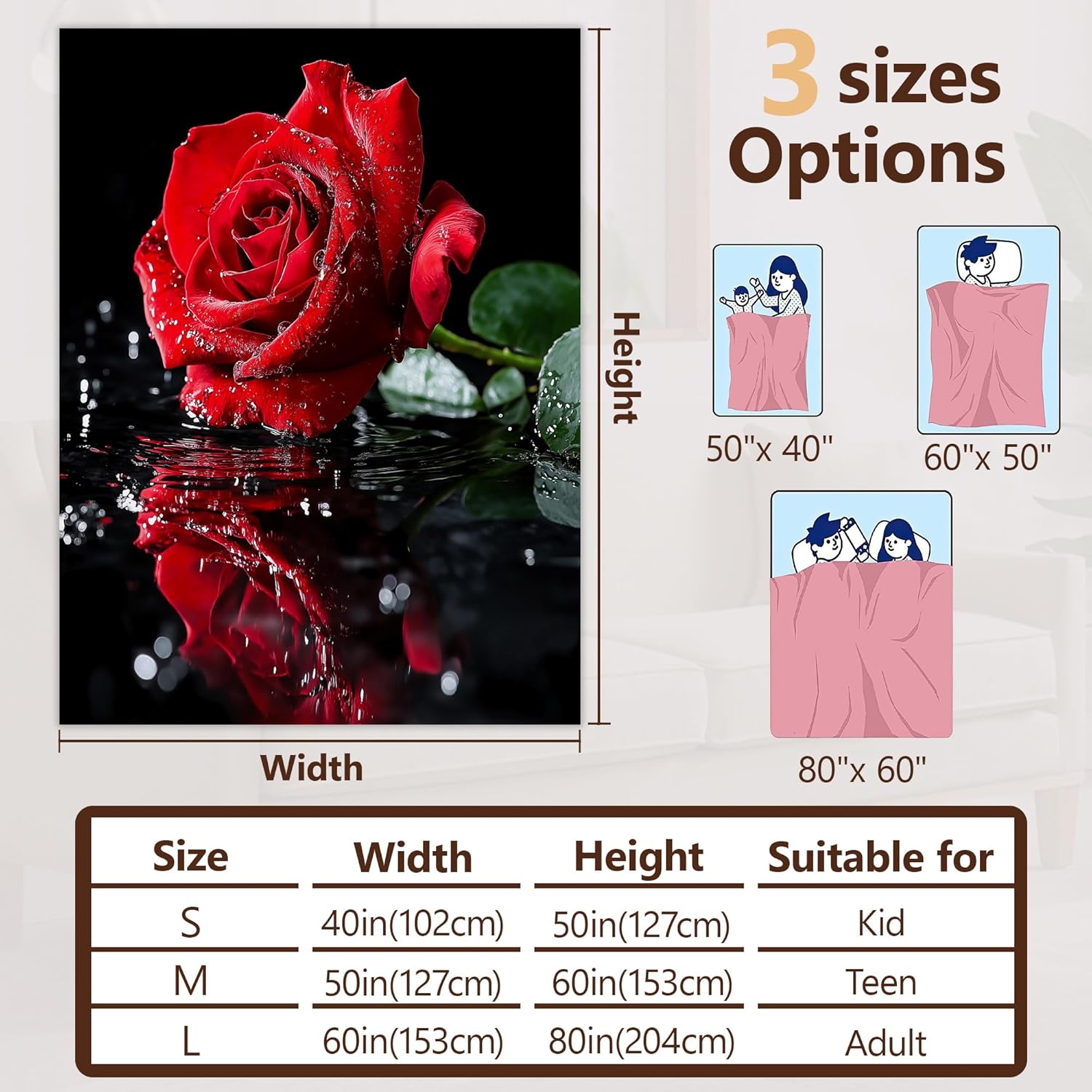 Red Rose Flower Fall Throw Blanket,Anniversary Cozy Plush Fluffy Blanket for Living Room Decor,Lightweight Fleece Throws for Couch,Bed,Traveling,Naps,Reading,60 X 80 Inch