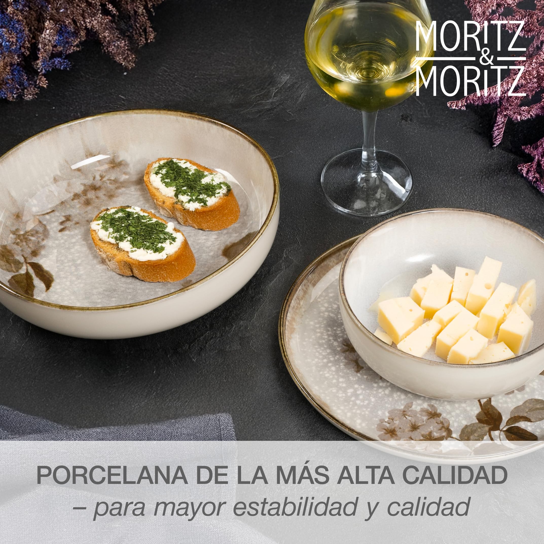 Moritz & Moritz Blossom - Cuencos grandes para servir (2 cuencos de porcelana con 20 cm y 29 cm en diseño floral), para servir alimentos o como ensaladera de cerámica, aptos para microondas y