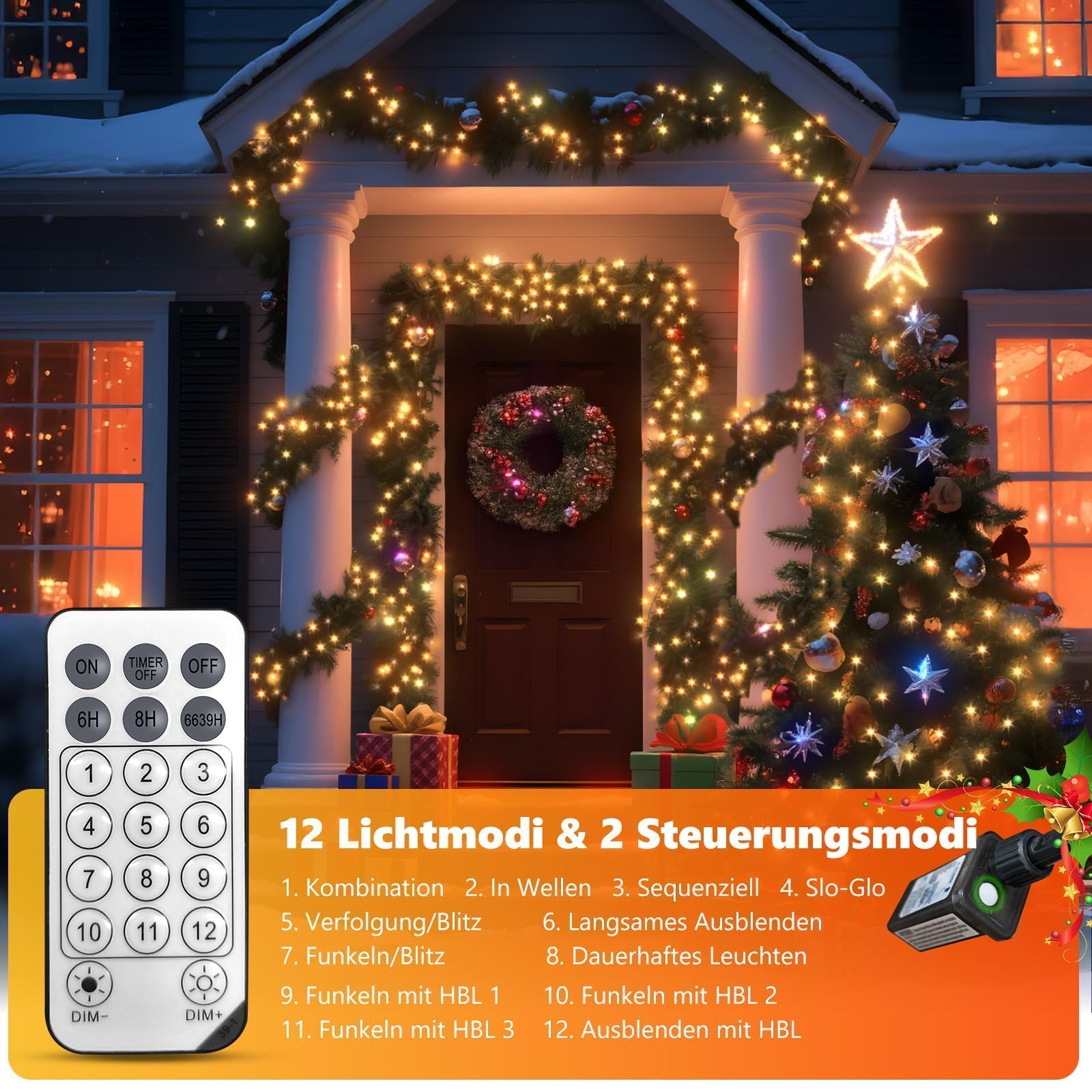 LED Lichterkette Weihnachtsbaum,18M 1200 LEDs Warmweiß Lichterketten Außen mit 12 Modi & Timer für Garten, Weihnachtsbeleuchtung mit Fernbedienung für Garten, Weihnachtsbaum, Hochzeit