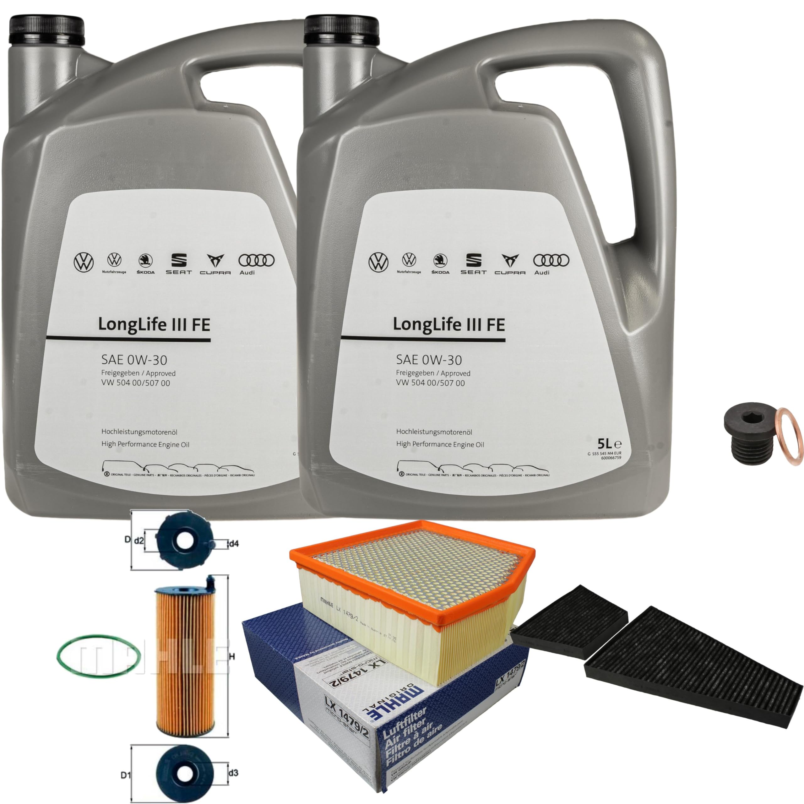Pacchetto di ispezione pacchetto di manutenzione filtro con 10 l 0W-30 olio motore LongLife 3 FE, filtro dell'olio, filtro dell'aria abitacolo (carbone attivo) vite di scarico dell'olio