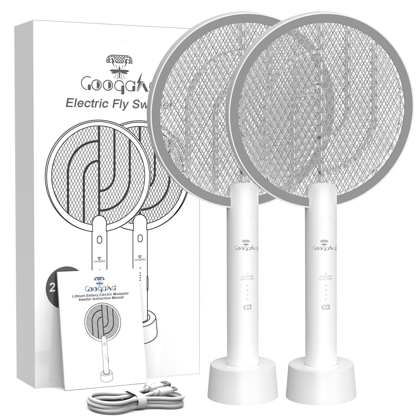2 Pezzi LED Racchetta Zanzare Elettrica, 4000 Ricaricabile 2-In-1 Racchetta Zanzare Elettrico con USB, Protezione Maglia a 3 Strati, Adatto per Campeggio Interni ed Esterni Bianco