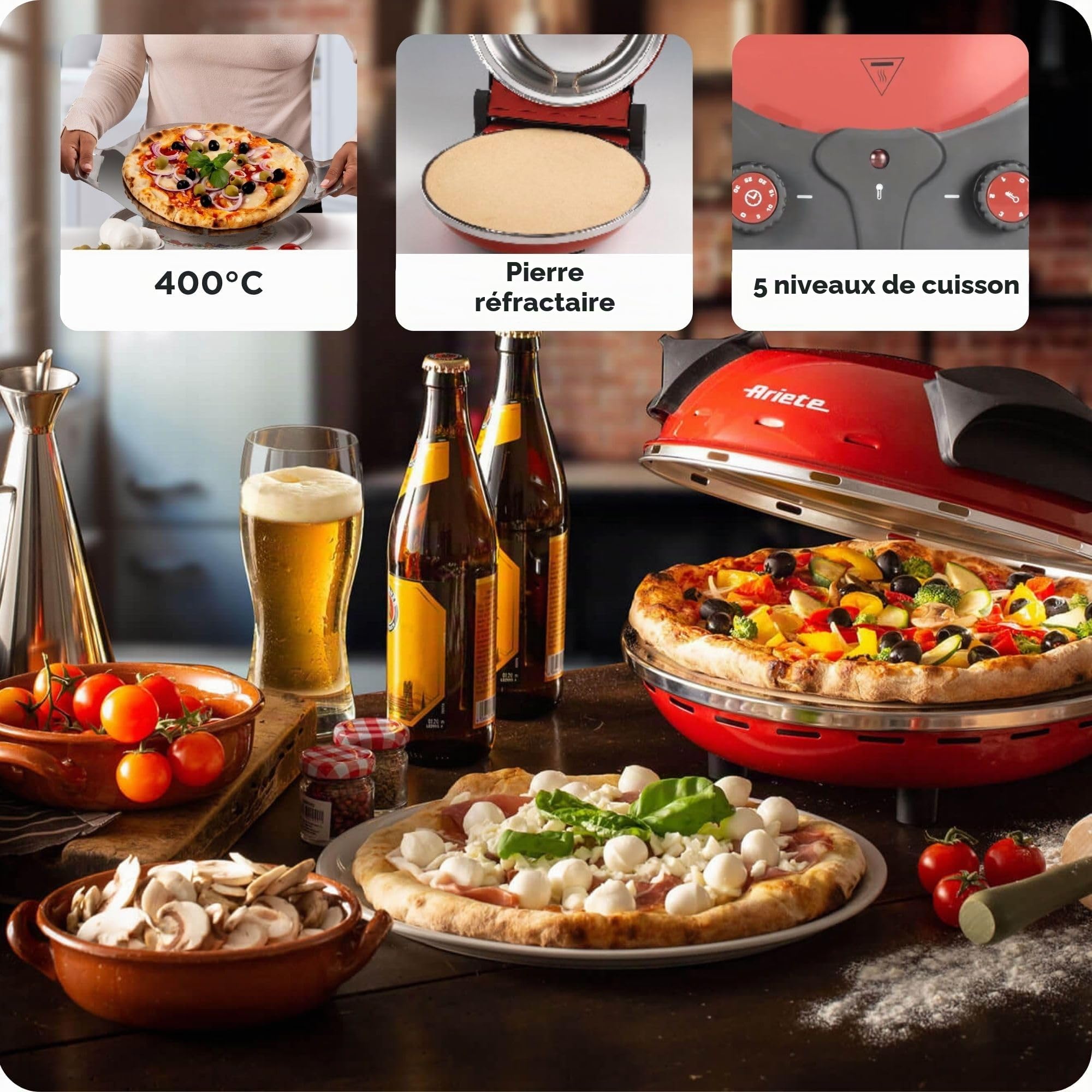 Ariete Pizza Four 909, Pizza 4 Minute, 5 Niveaux de Cuisson, Plaque Réfractaire pour Le Réchauffage, Lames en Bois Incluses, Température Maximale de 400°C, 1200W, Rouge