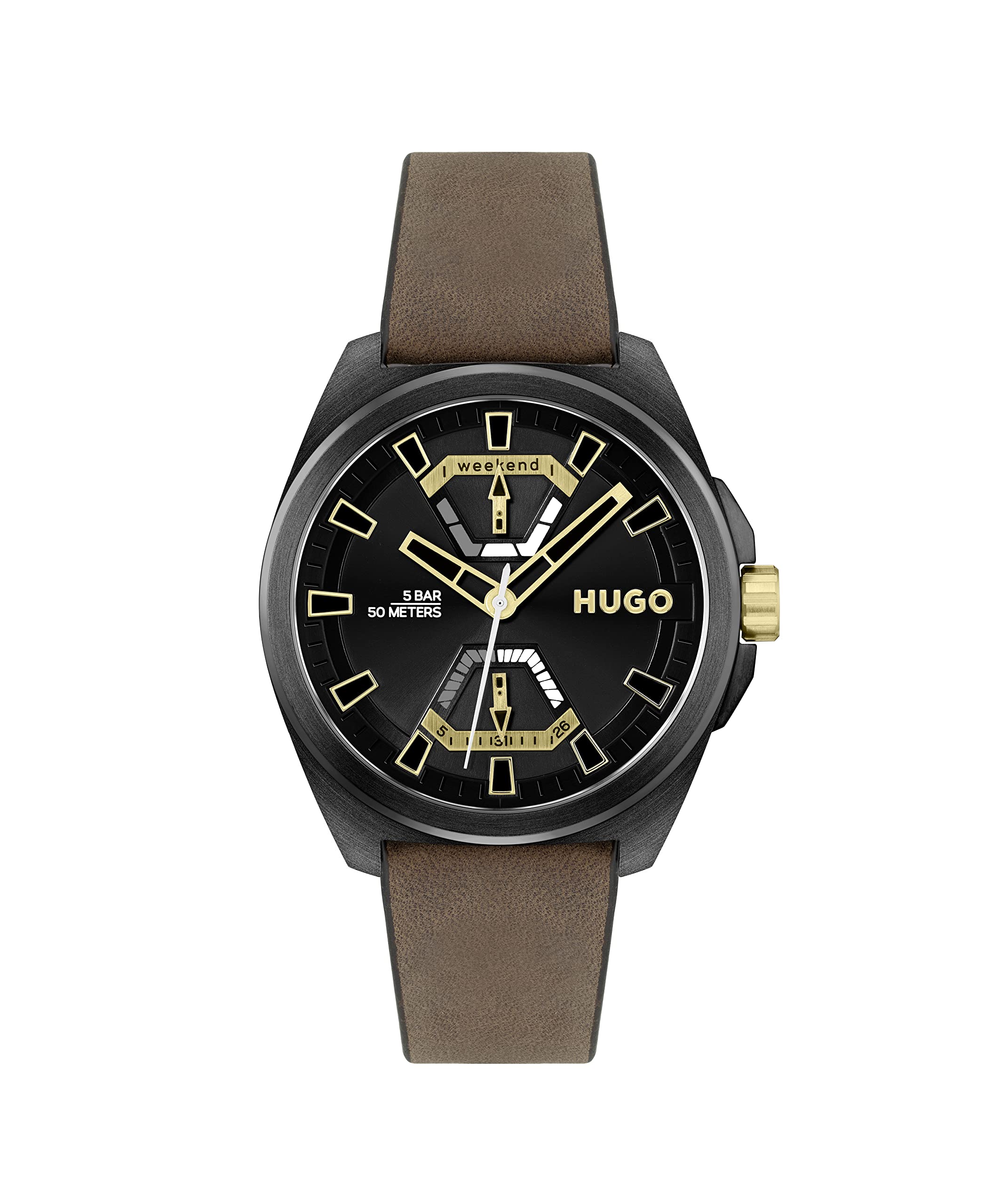 HUGO Men's #Expose Black Ionic Plated Quartz Watch with Leather Strap, Brown, 22 (Model: 1530241)