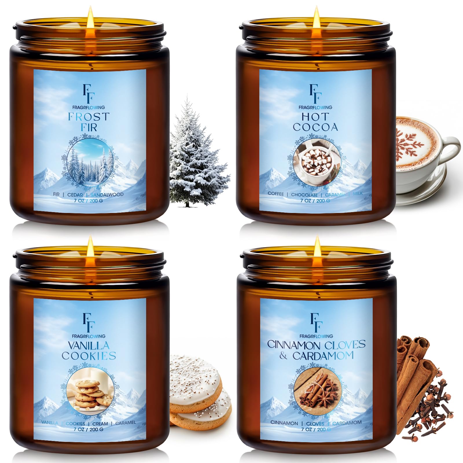 Christmas Candles, Winter Scented Candles for Home, 4 Pack Holiday Natural Soy Candles, Gifts for Women Men, Fragrance of Fir/Hot Cocoa/Vanilla Cookies/Cinnamon