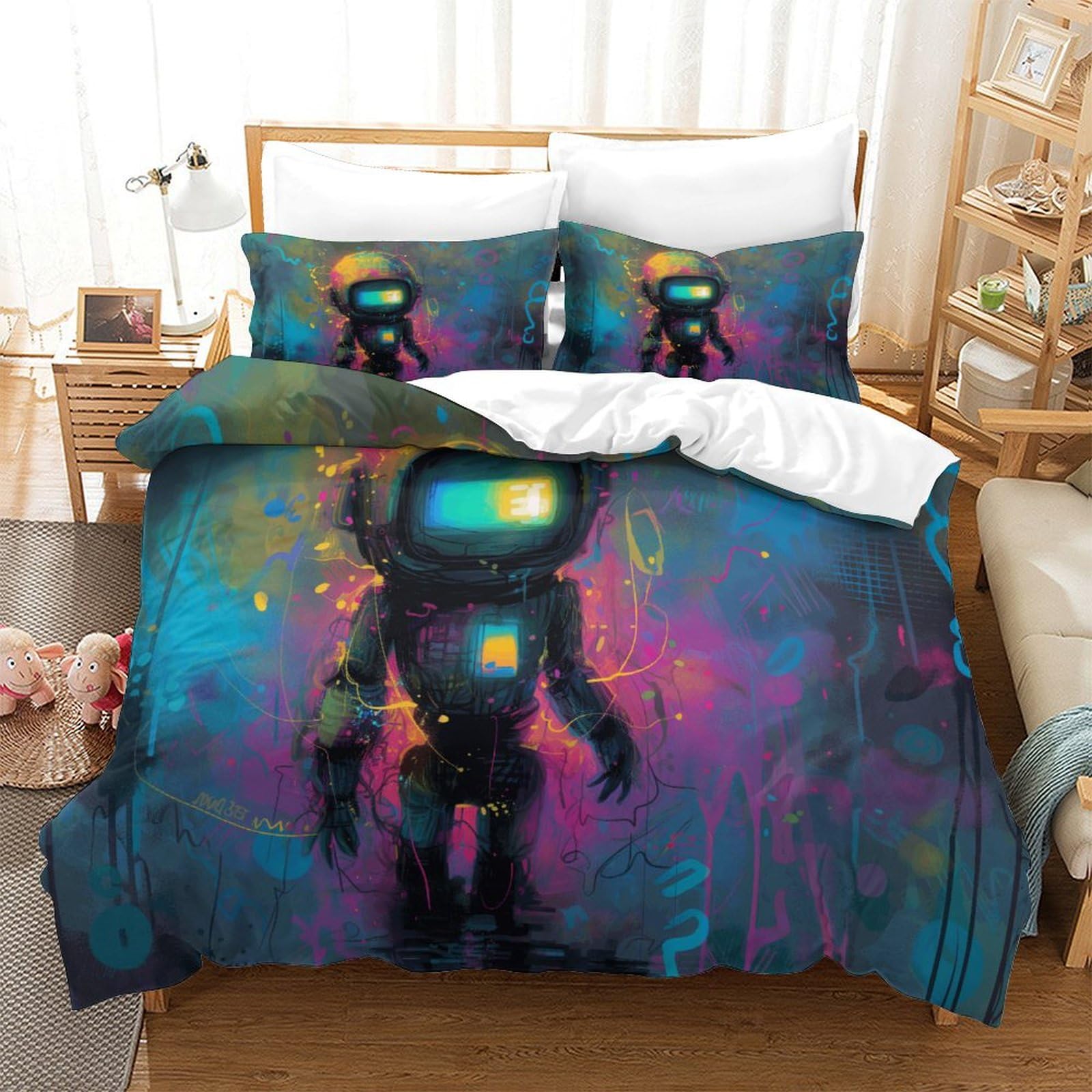 P1S9U7W5Y 3D Printed Space Robot Duvet Cover Set 3pcs Microfiber Astronaut Bedding Set for Bedroom Double（200x200cm）