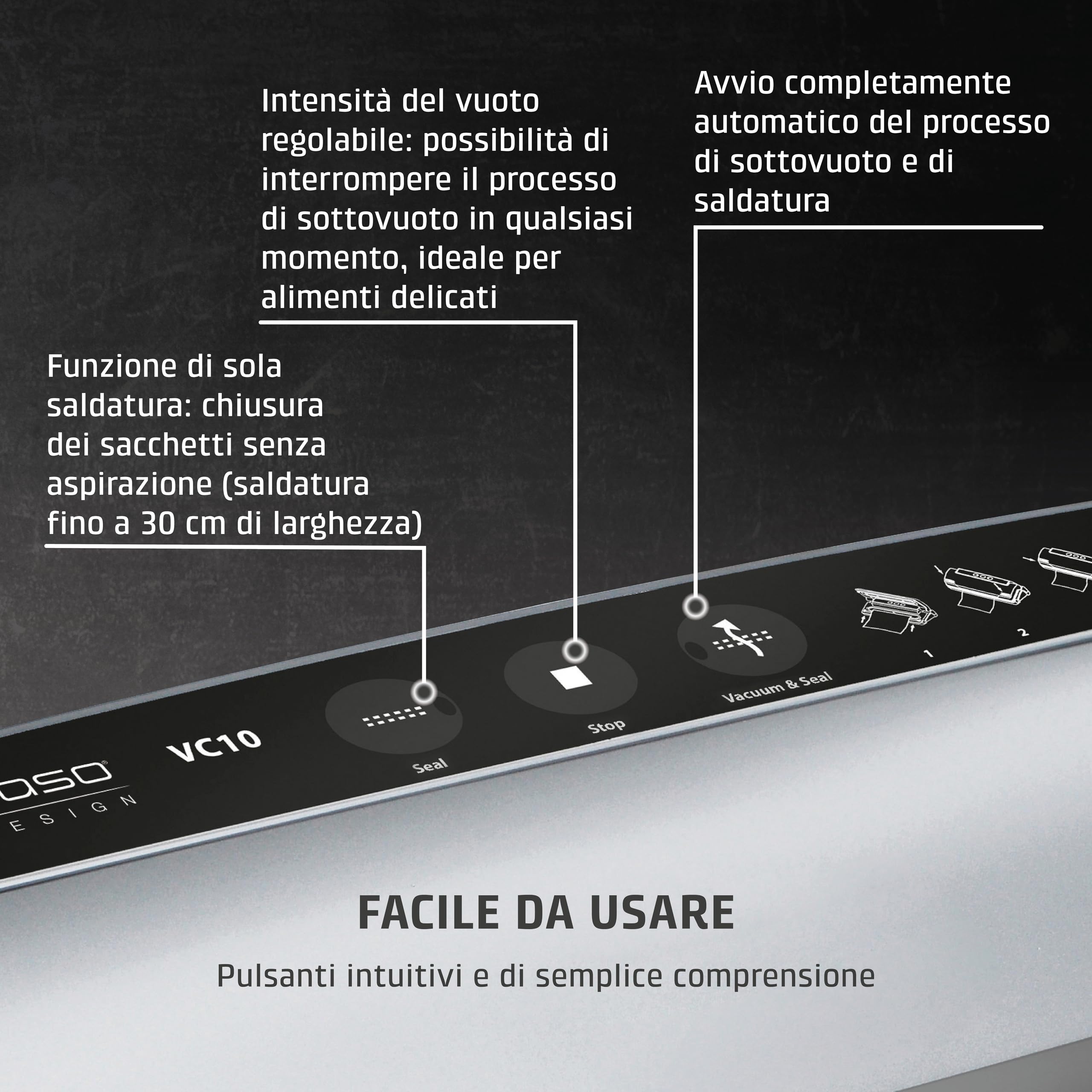 CASO VC 10 - Macchina sottovuoto per alimenti compatta, mantiene gli alimenti freschi fino a 8 volte più a lungo, sigillatura stabile fino a 30 cm, inclusi 10 sacchetti professionali - argento