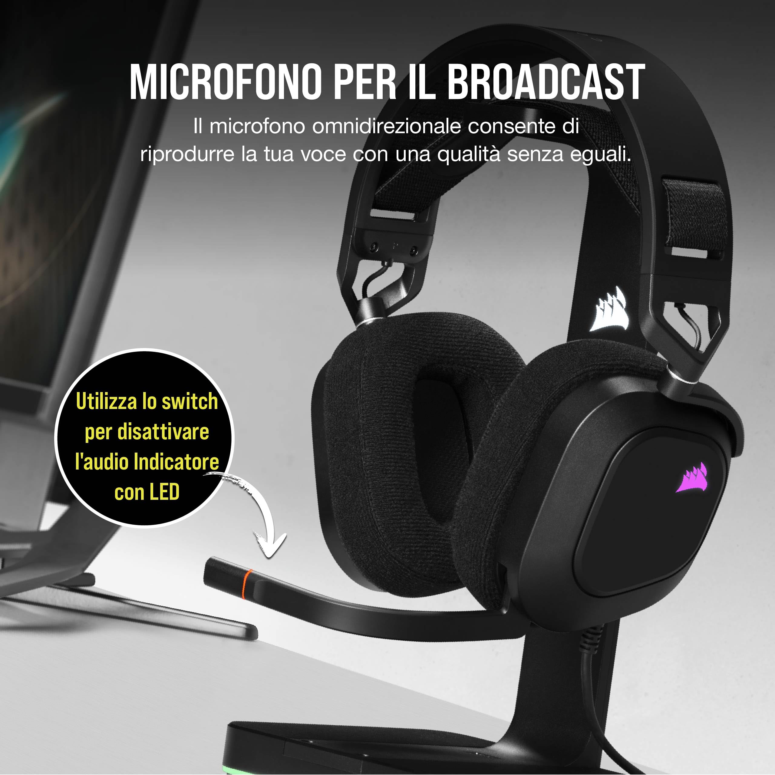 Corsair HS80 RGB USB Cuffia Gaming con Microfono Premium con Audio Surround 7.1, Microfono Broadcast Omnidirezionale, Controlli per Volume e Mute sul Padiglione, Illuminazione RGB Dinamica, Carbonio