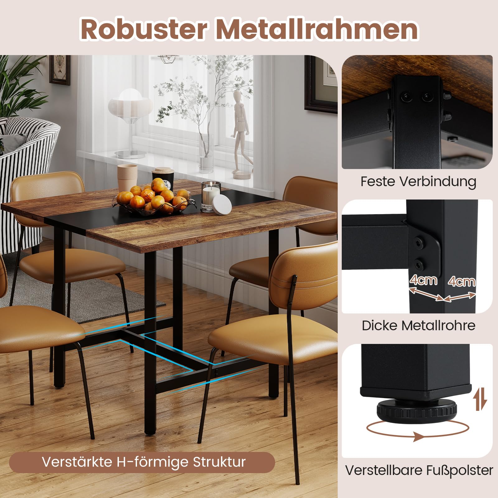COSTWAY Konferenztisch, quadratischer Besprechungstisch mit Metallrahmen, Seminartisch zusammensetzbar für 4 Personen, Büro, Vorstandszimmer, Esszimmer (100 x 100 x 75 cm,Rustikal Braun + Schwarz)