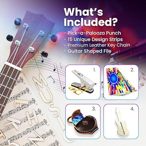 Miniatura 6 de Gran kit de Pick-a-Palooza para hacer tus propias púas para guitarra, para regalo. Dispositivo prémium para fabricar púas. Cadena de cuero porta