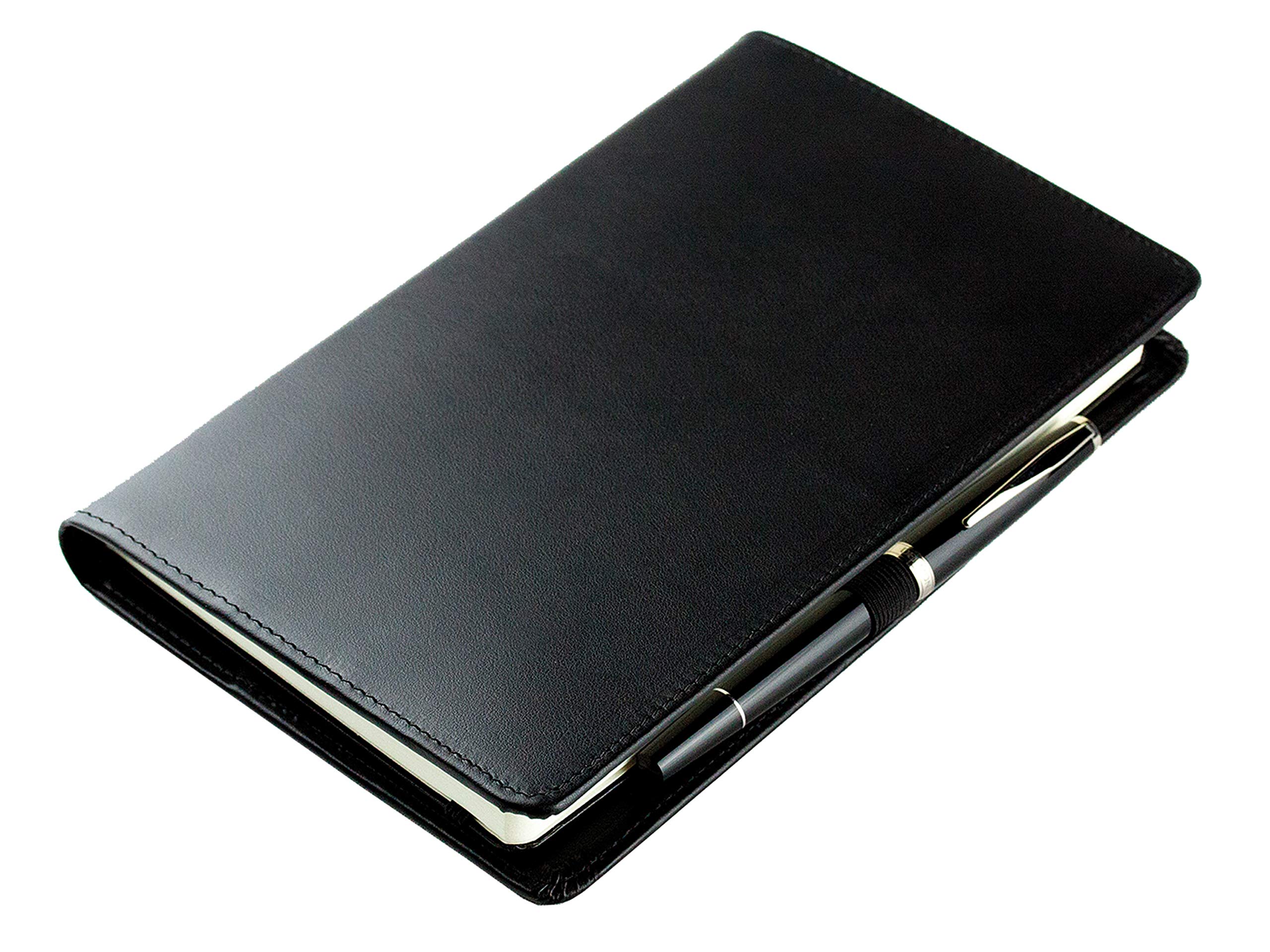 DELMON VARONE - Personalisierbares Notizbuch Etui DIN A5 aus Boxcalf Premium Leder schwarz, Blanko Buch punktiert im Hardcover Ledereinband mit Stiftschlaufe, Einschubfächer und Merkband