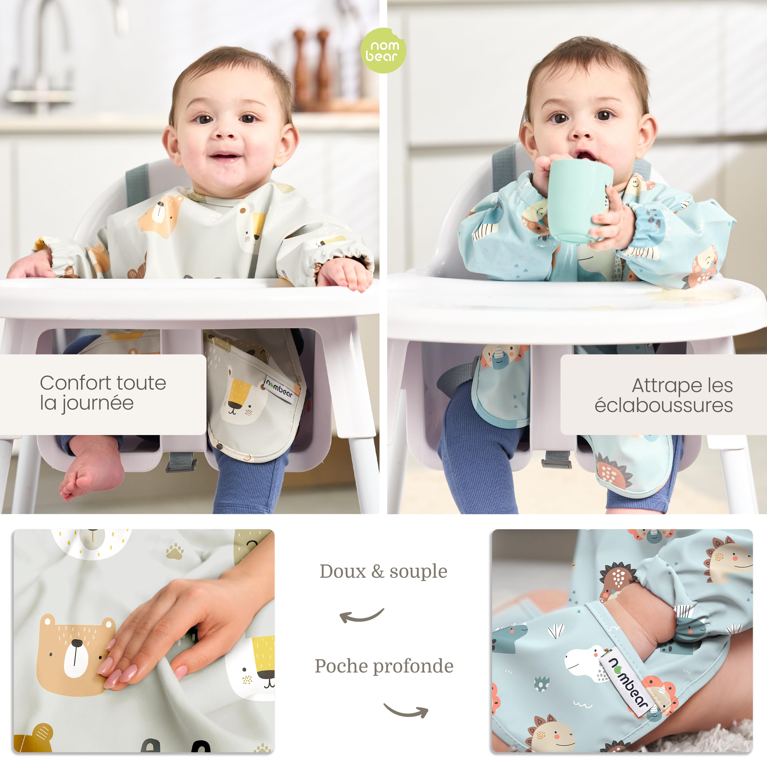 Bavoir Manches Longues pour Bébé - Bavoir Bébé Imperméable, Tablier Bebes pour Manger, Tablier Enfant Repas, Bavoirs DME, Blouse Bebe Repas