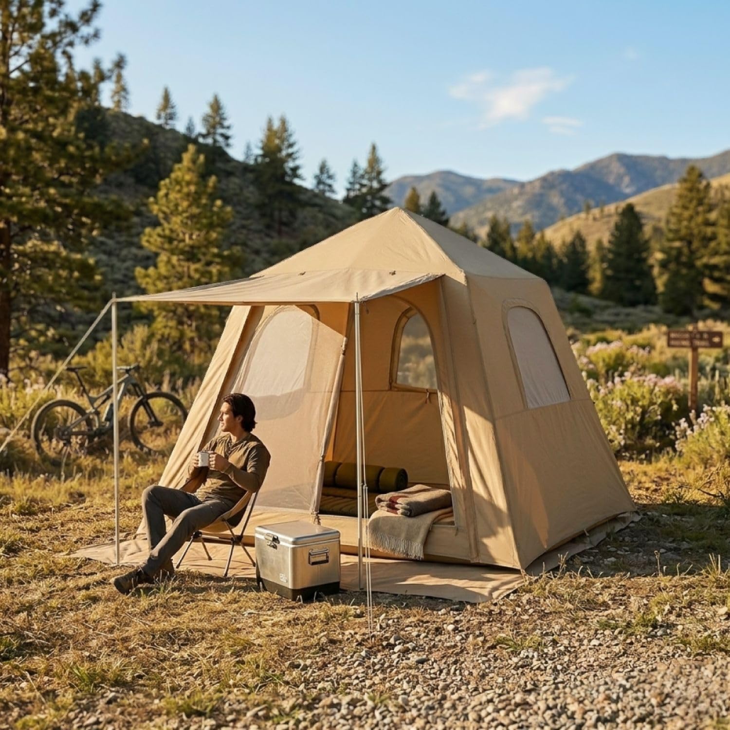Linxor - Tente de Camping Gonflable 2 à 3 Personnes avec auvent, Pompe et Sac de Transport - 2.10 x 2.10 x 1.55 m - Beige