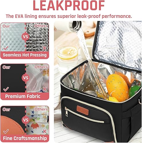 Miniatura 6 de YESBAG Lonchera para mujeres y hombres, lonchera expandible con doble compartimento, reutilizable, aislada, con correa para el hombro, color negro