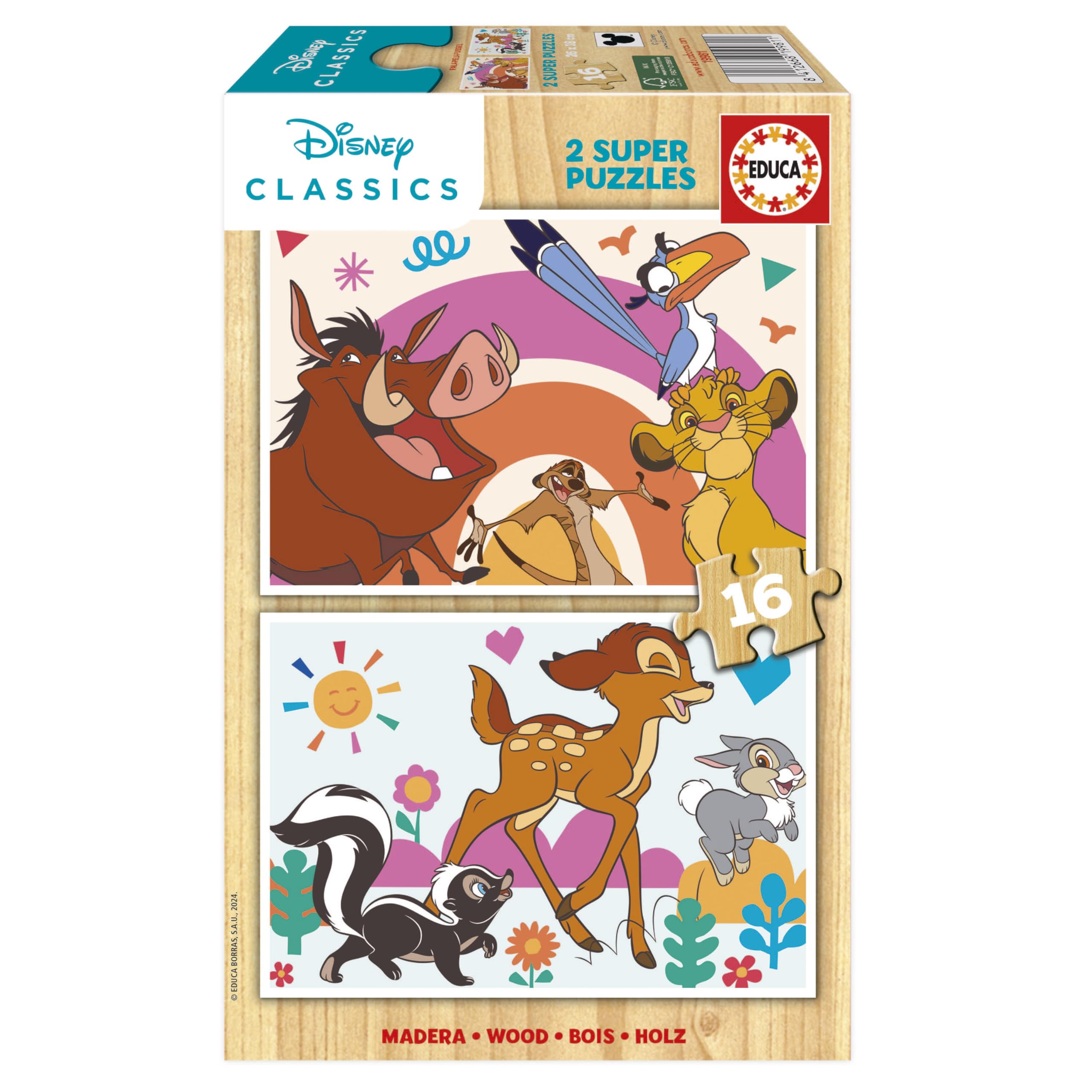 Educa - 2x16 Disney Animals Wooden Puzzles Ecology Wood Set | Assorted Animals | Educational Toy for Kids | Ages 3+ (19981)