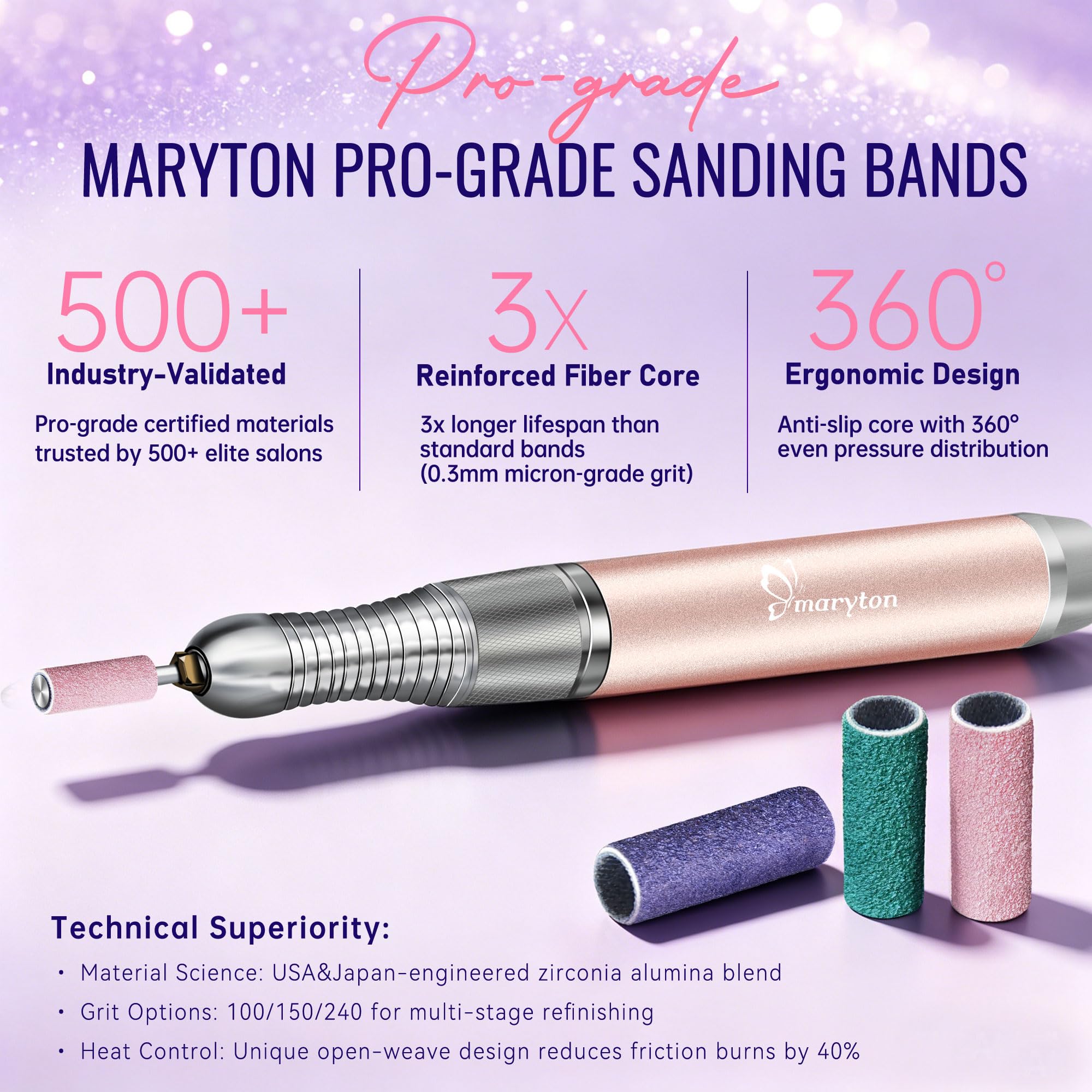 Maryton 250 mini bandas de lijado para taladro de uñas con broca de mandril, grano 100/150/240 grueso/medio/fino banda de lijado a granel para salones profesionales de manicura y pedicura