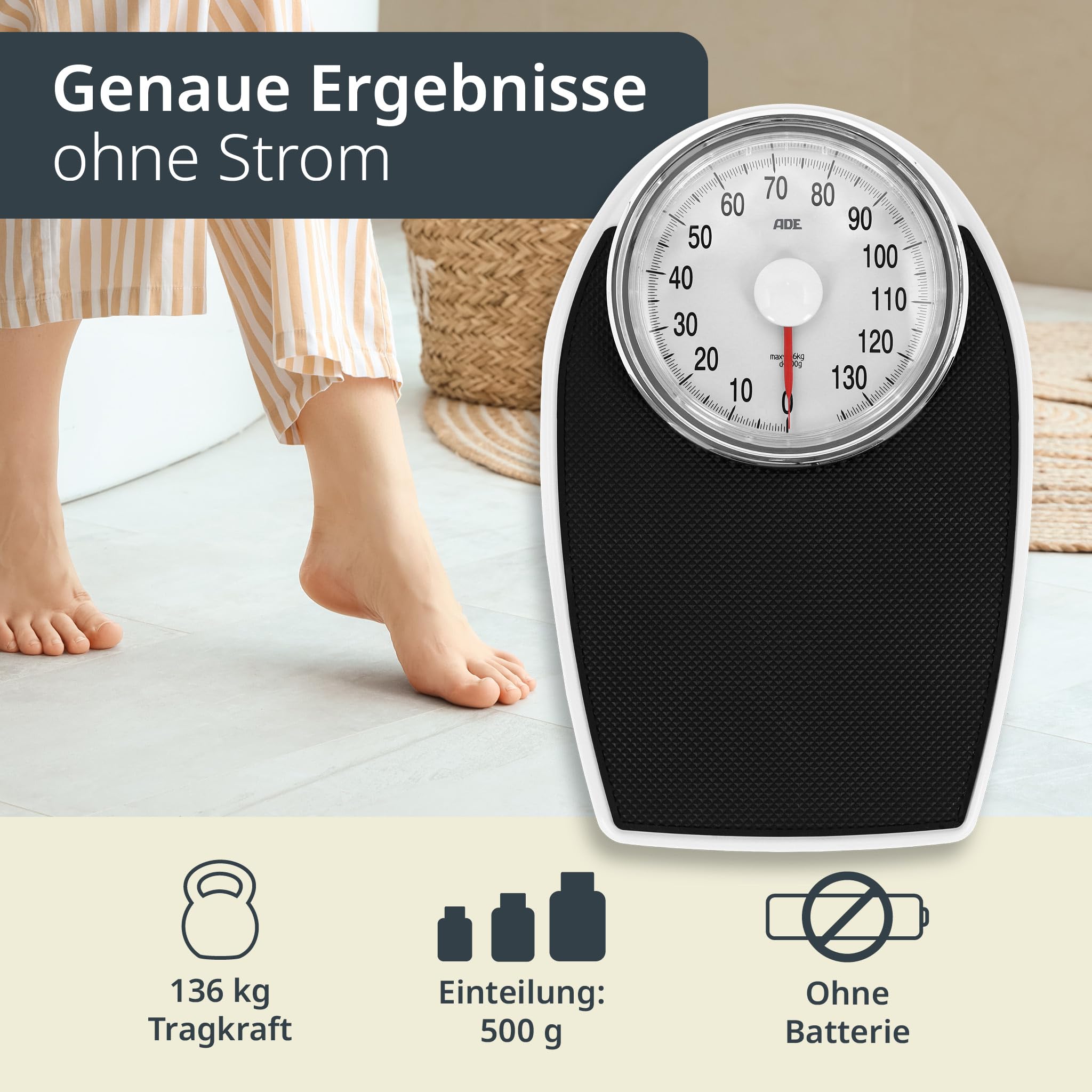 ADE Körperwaage analog im Retro Look | rutschfeste Wiegeoberfläche | mechanische Personenwaage mit extra großer Anzeige | ohne Batterie | bis 136 kg | schwarz