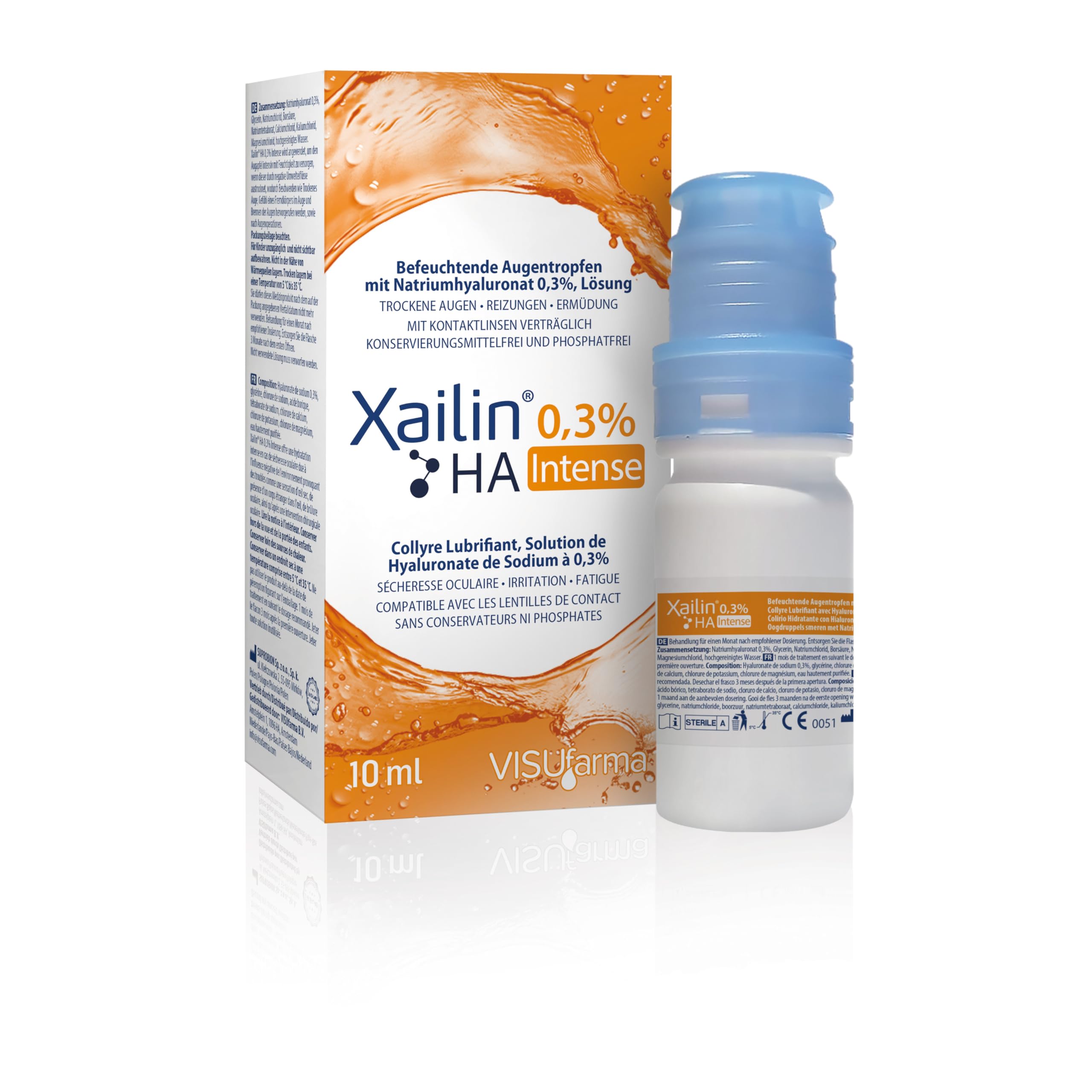 XAILIN HA 0,​3% Intense - Gotas para los ojos con 0,​3% de hyluronato de sodio - hidrata la córnea y la conjuntiva - amigable con lentes de contacto - sin conservantes ni fosfatos - 10 ml
