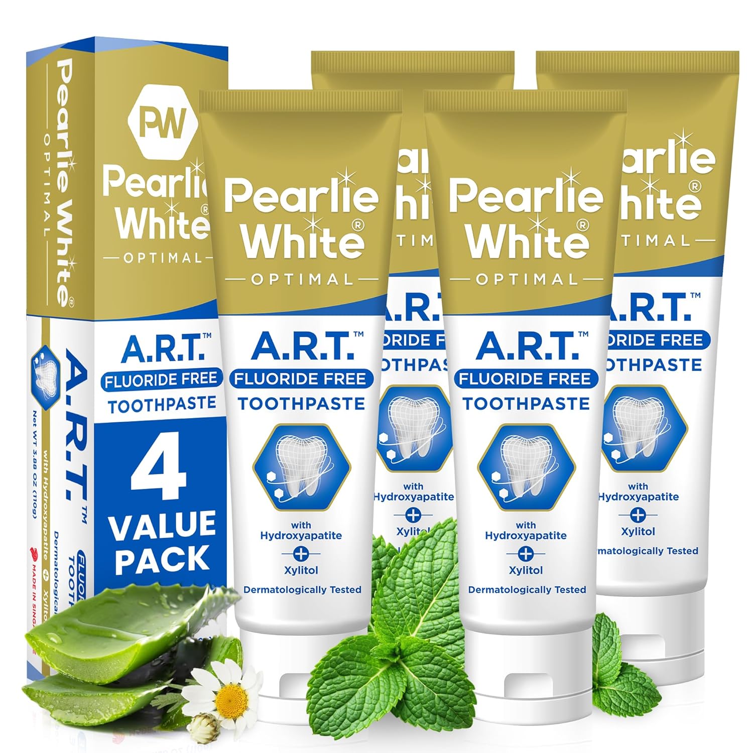 Pearlie White Active Remineralization Fluoride Free Toothpaste - 3.8oz/110gm - Remineralizing Toothpaste for Tooth Enamel Repair - Helps Remove Stains - Contains Hydroxyapatite and Xylitol - Pack of 4