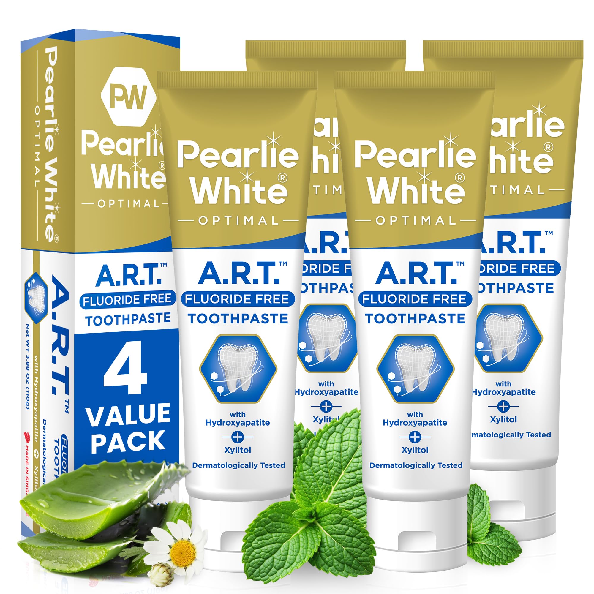 Pearlie White Active Remineralization Fluoride Free Toothpaste - 3.8oz/110gm - Remineralizing Toothpaste for Tooth Enamel Repair - Helps Remove Stains - Contains Hydroxyapatite and Xylitol - Pack of 4