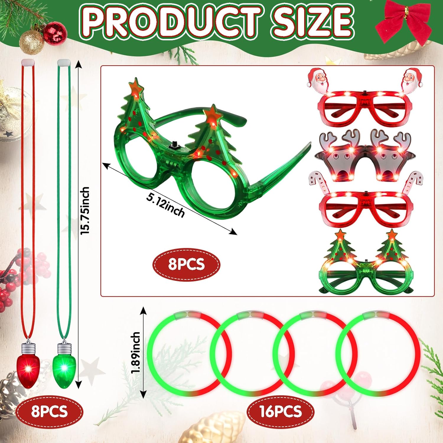 Hiboom 40 Pcs Light Up Christmas Headband Necklace Christmas Glasses Frame Fluorescent Wristbands Glowing in Dark Xmas Party Favor Set Glow Accessories for Holiday Party Favors Supplies - Image 3