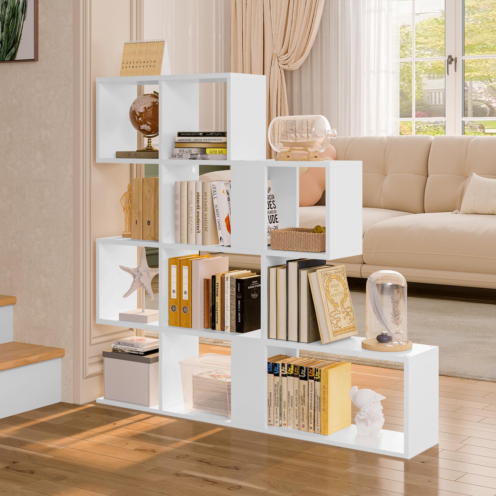 eSituro Bücherregal 4 Ebenen, Raumteiler Regal mit 11 offenen Fächern, freistehendes Treppenregal, Standregal, Stufenregal, für Wohnzimmer, Schlafzimmer, Büro, 115x109,5x19,5 cm, weiß