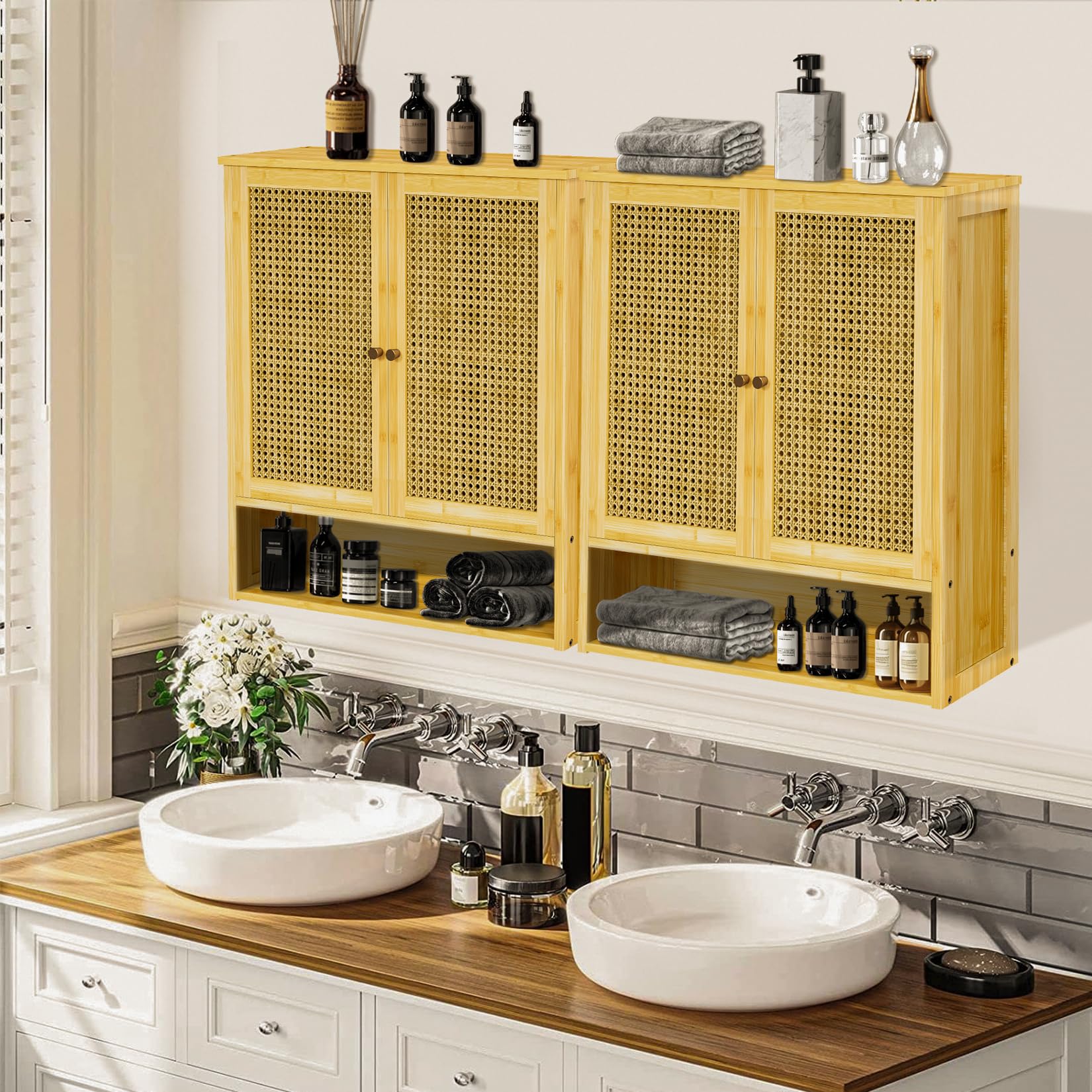 unho Meuble Salle de Bain en Bambou: Armoire WC Mural Rangement de Toilette Suspendu Placard Mural avec Étagère Hauteur Réglable - 59x20.5x66.5cm