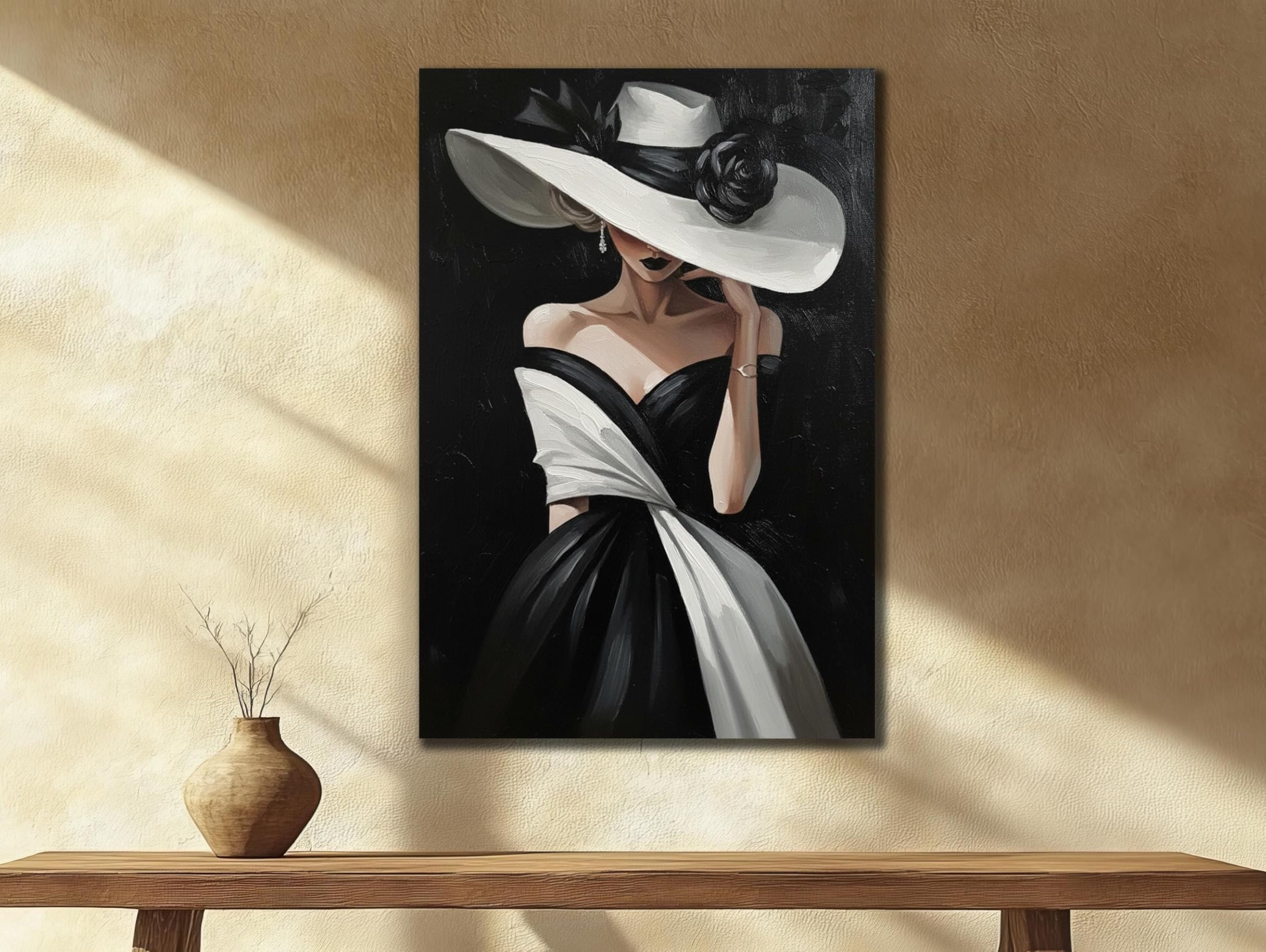 LMYCHENG Obraz dekoracyjny Kobieta w czarnym kapeluszu: minimalistyczny obraz ścienny abstrakcyjna sztuka ścienna mural do salonu sypialni (60 x 90 cm / rama wewnętrzna)