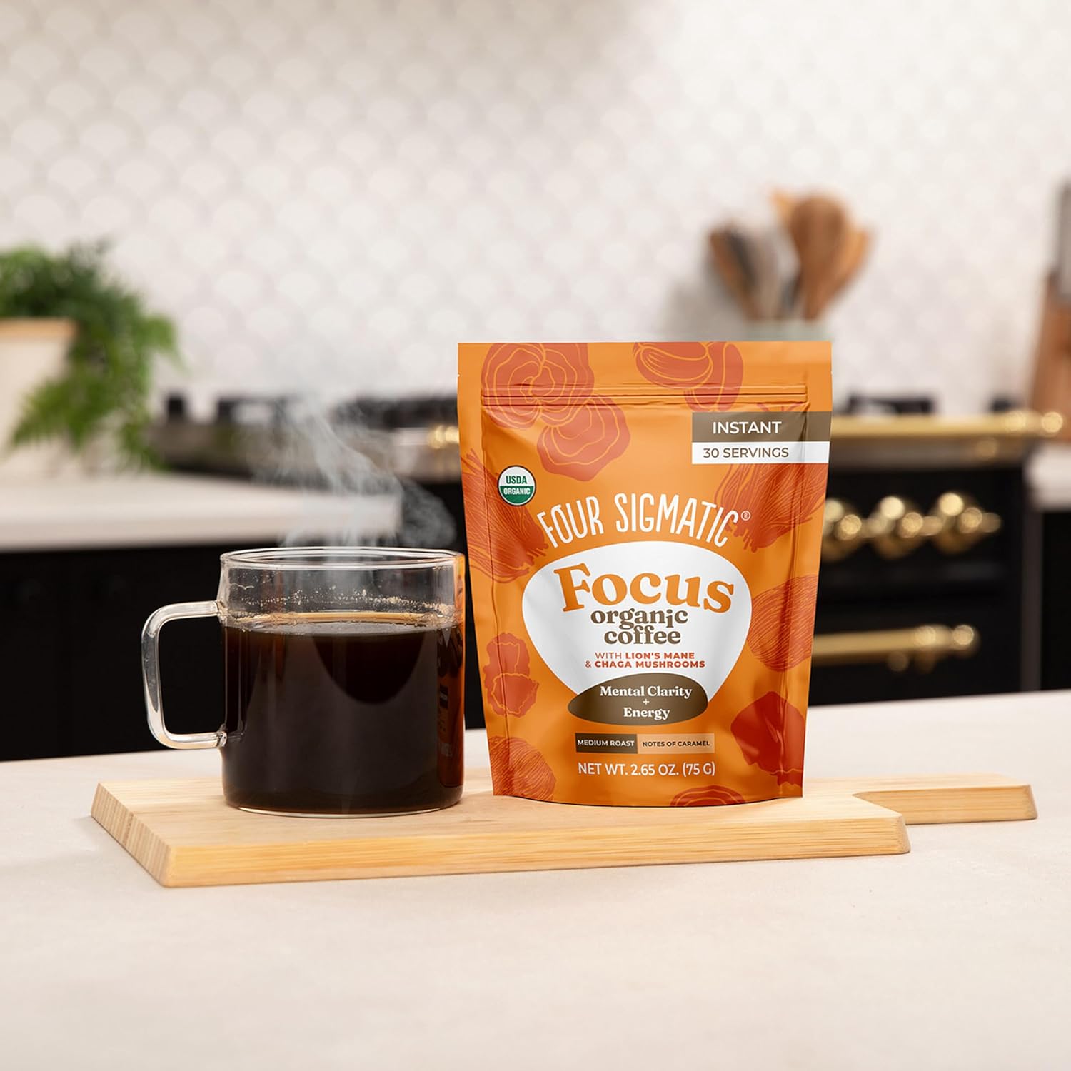 Four Sigmatic Organic Mushroom Coffee | Instant Mushroom Coffee Mix with Lion's Mane, Chaga and Rhodiola for Better Focus and Immune Support | 30 Serving Bag