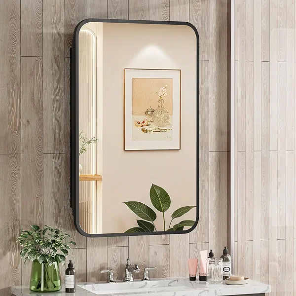 ACEMIRO 16x24 Inch Black Mirror Medicine Cabinet Metal Framed Recessed Wall Mounted Bathroom Medicine Cabinet with Mirror and Storage
