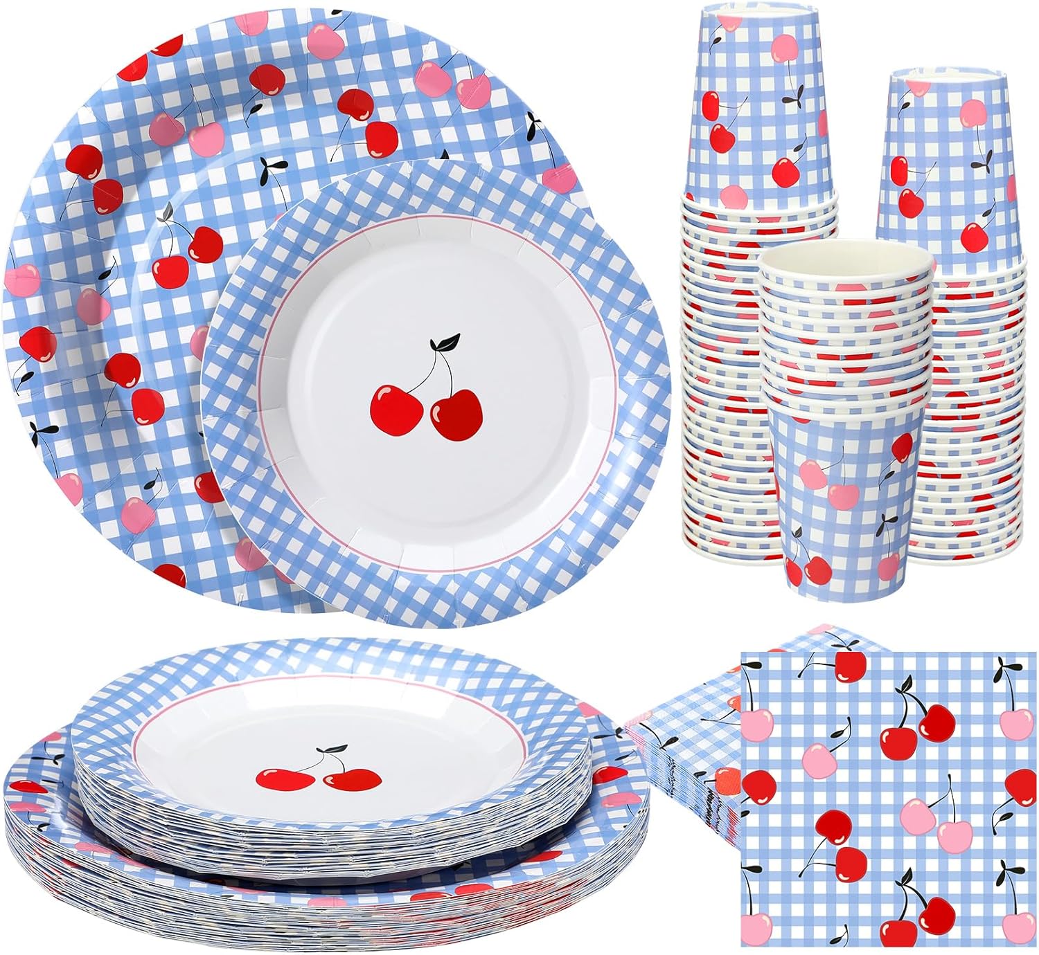 LemonRoad 100 Pieces Cherry Blue Gingham Paper Plates, Cups Napkins Set Cherry Party Supplies 25 Pcs 9" 25 Pcs 7" Plates, 25 Cups, 25 Napkins for Parties, Picnics, Birthdays, Baby Showers