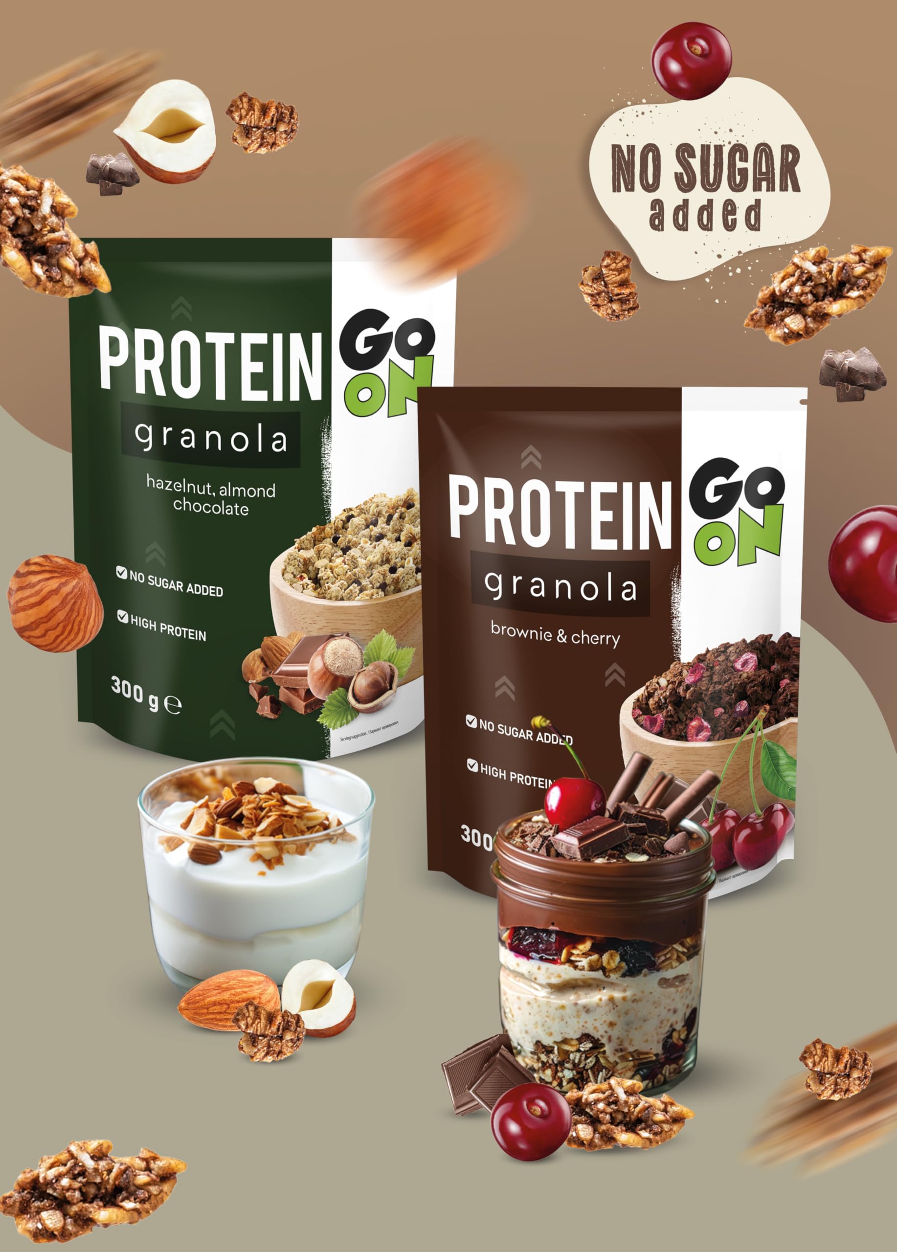 GO ON - Granola białkowa 300g, musli bez cukru, musli granola, chrupiące musli, musli z białkiem roślinnym, zdrowe musli, zdrowe śniadanie, płatki zbożowe - Brownie Cherry
