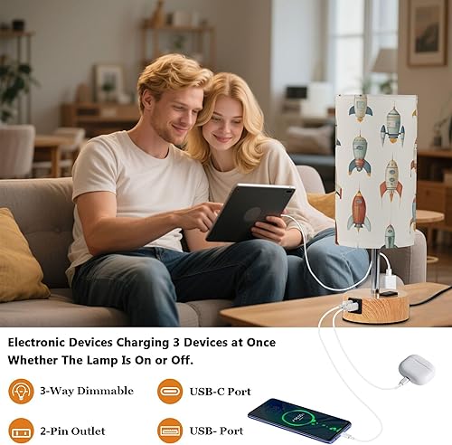 Miniatura 5 de Rocketships Retro Dimmable Bedside Touch Lamps with Charging Ports for Living Room Bedroom Nightstand Office Desk, Light Bulb Included