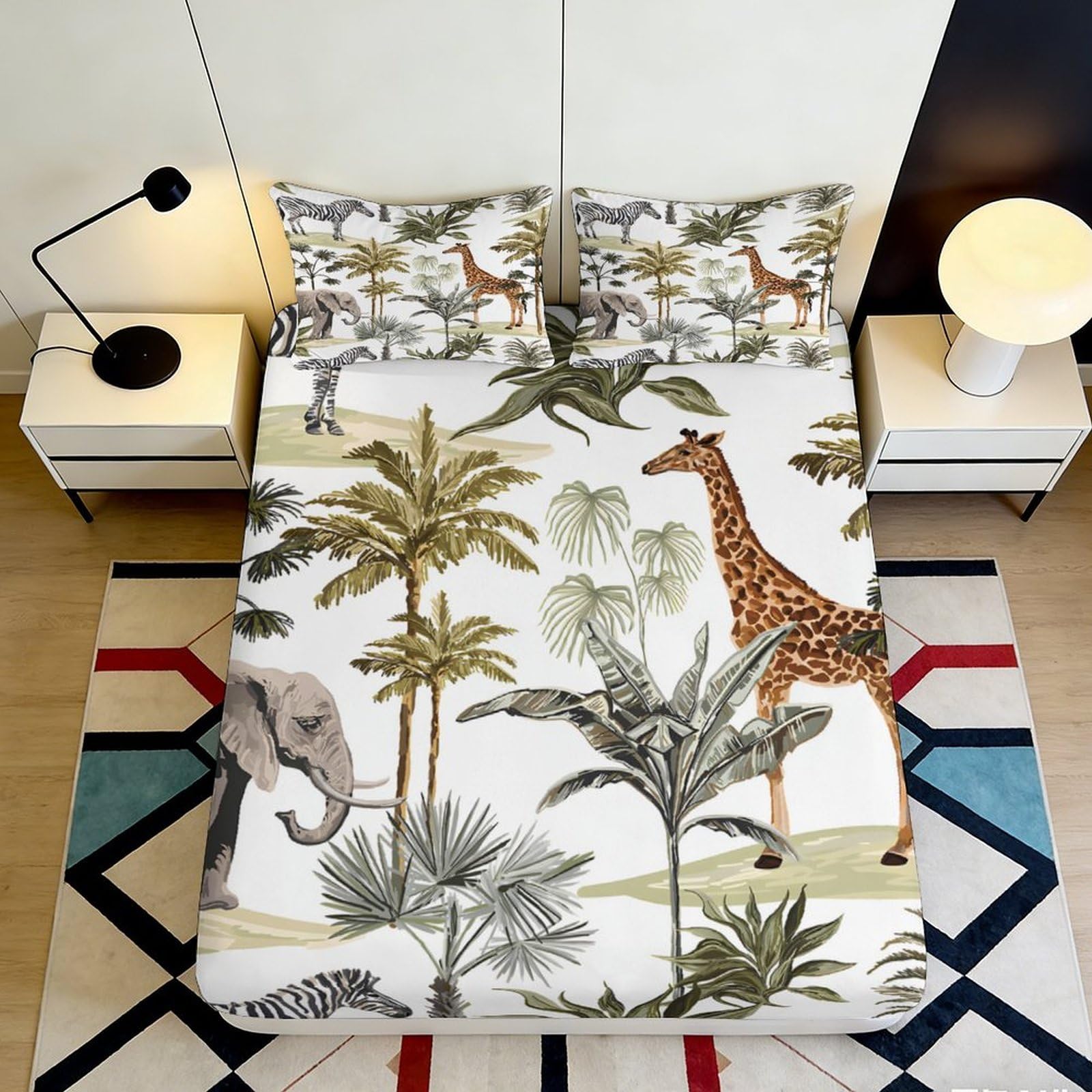 3D Printed Jungle Safari Fitted Sheet Microfiber Soft Breathable Animal Wildlife Mattress Cover for Bedroom Dorm Mattress Protection Decor 180x200x25cm