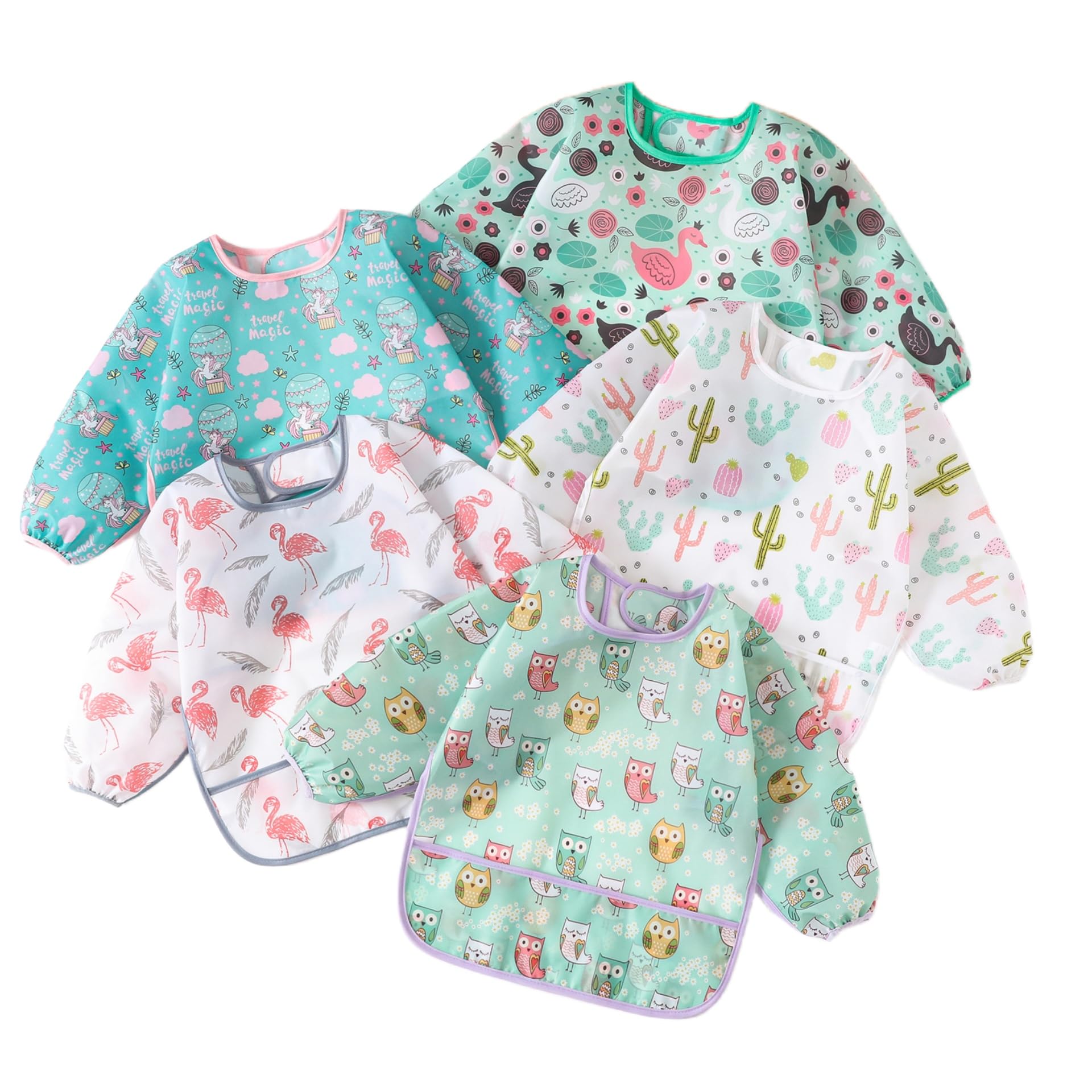 QinGuang 5pcs Long Sleeve Baby Bibs Painting Apron Slightly Waterproof Feeding Bibs for 6-30 Months, 5pcs Set B, infant, toddler