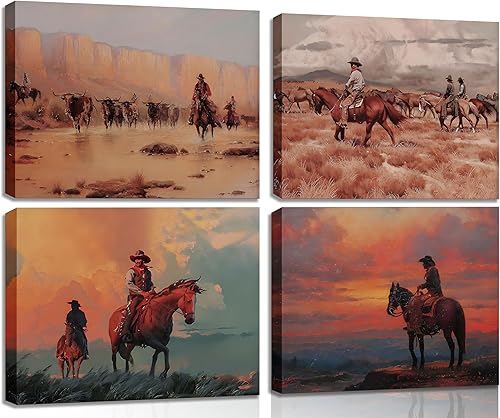 4 piezas de arte de pared vintage de vaquero occidental retro, impresiones en lienzo de paisaje al óleo rústico del suroeste, póster de granja de