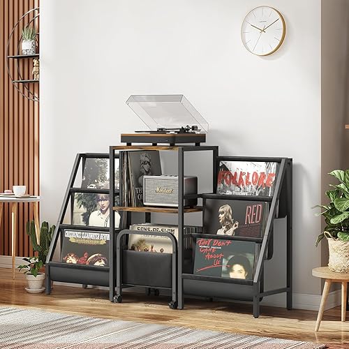 Miniatura 7 de Soporte para tocadiscos con carrito de almacenamiento de vinilo, mesa para tocadiscos con almacenamiento de discos de 200 álbumes, soporte giratorio
