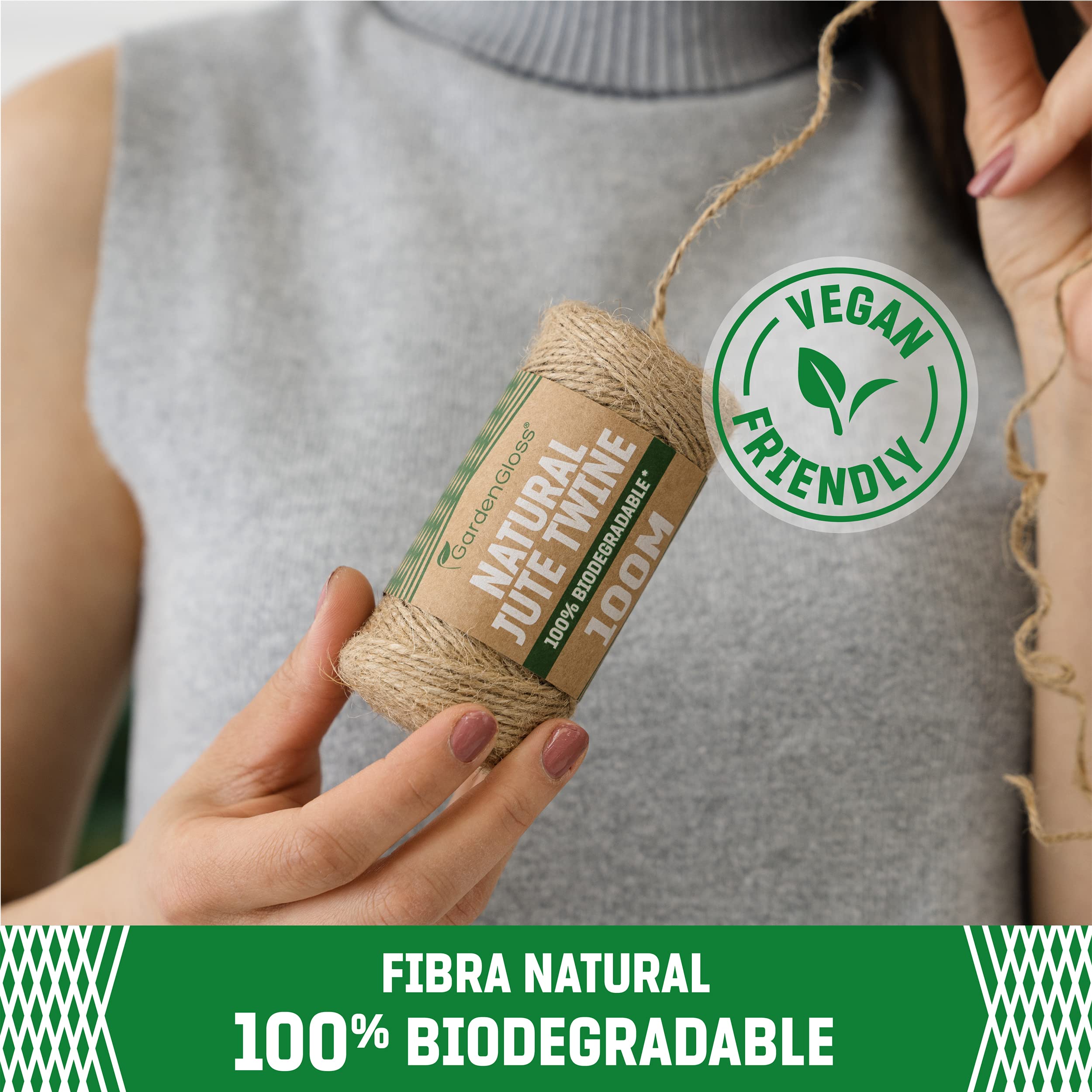 GardenGloss® Cinta de Fibra Natural de Yute (300m de Longitud, 1 mm de Grosor) - 100% Biodegradable - Cordón de Dos Hilos para jardinería, Manualidades, Bricolaje y Envolver Regalos