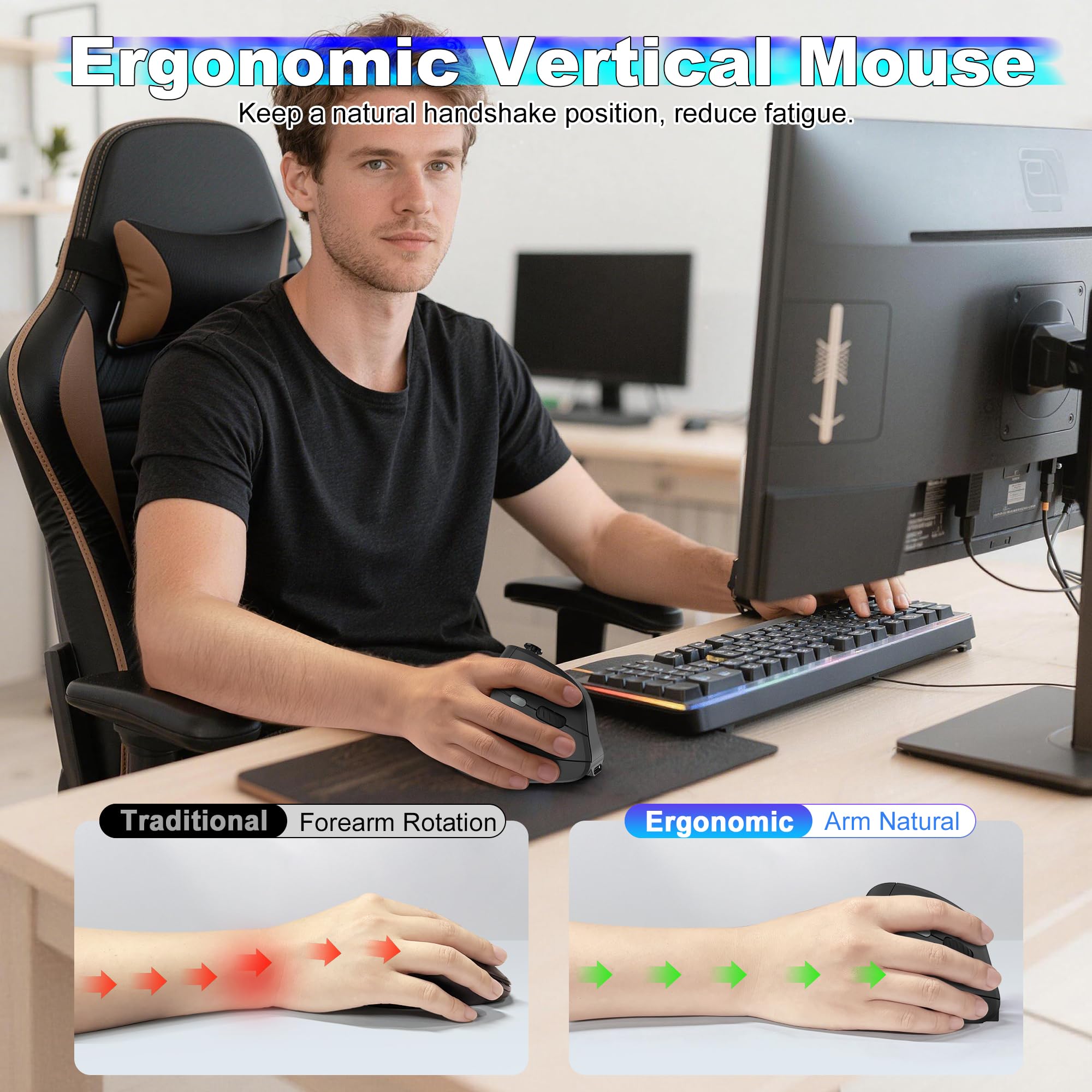 TRELC Ratón inalámbrico para juegos con balancín 5D, 24000 DPI/11 botones programables, mouse ergonómico vertical para conexión de 2 dispositivos (BT+2.4GHz), ratones recargables para PC/portátil