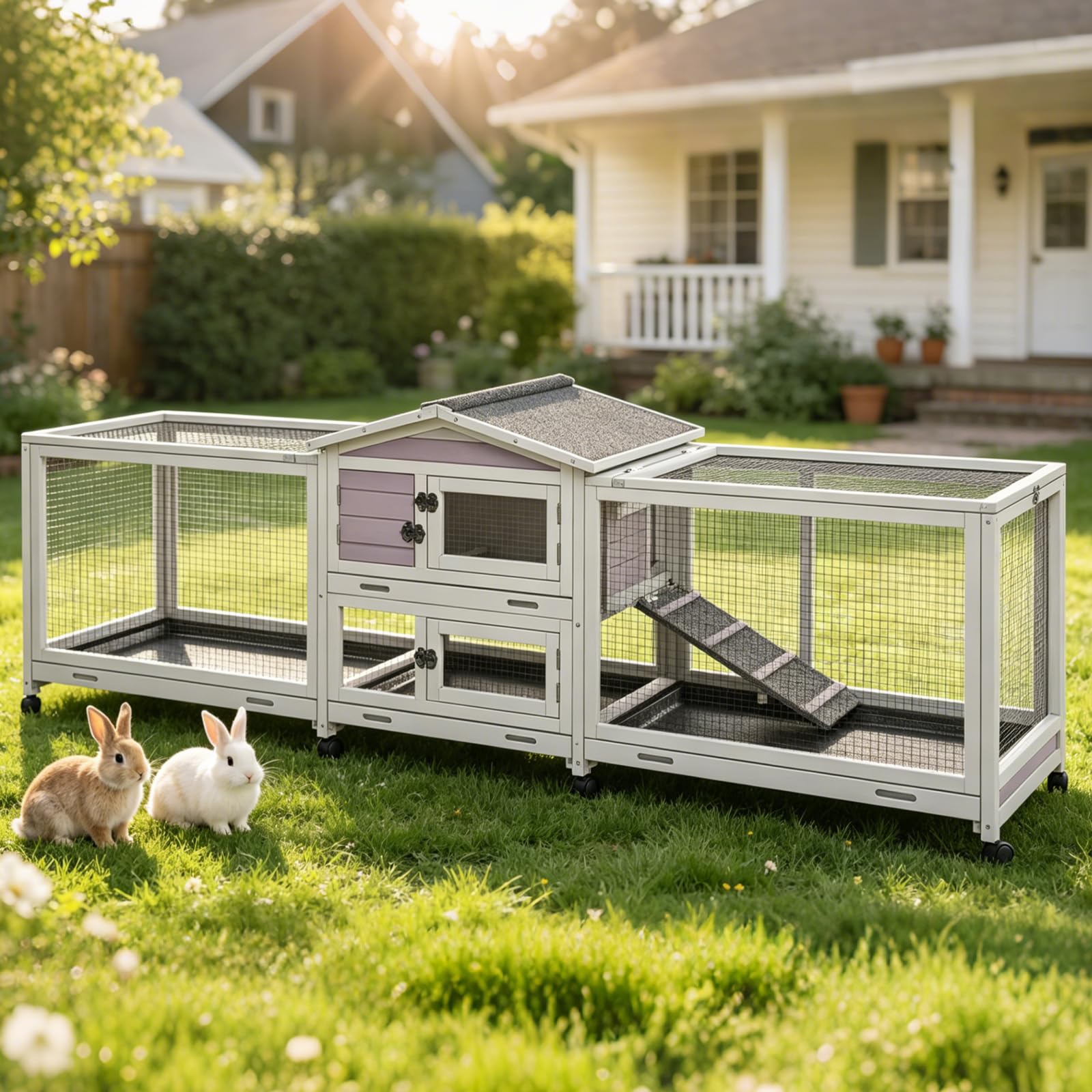 GUTINNEEN 2-Story Rabbit Hutch for 2-4 Bunnies - Wooden Guinea Pig Cage with Wheels, Pull-Out Trays &amp; Waterproof Asphalt Roof, Indoor Outdoor
