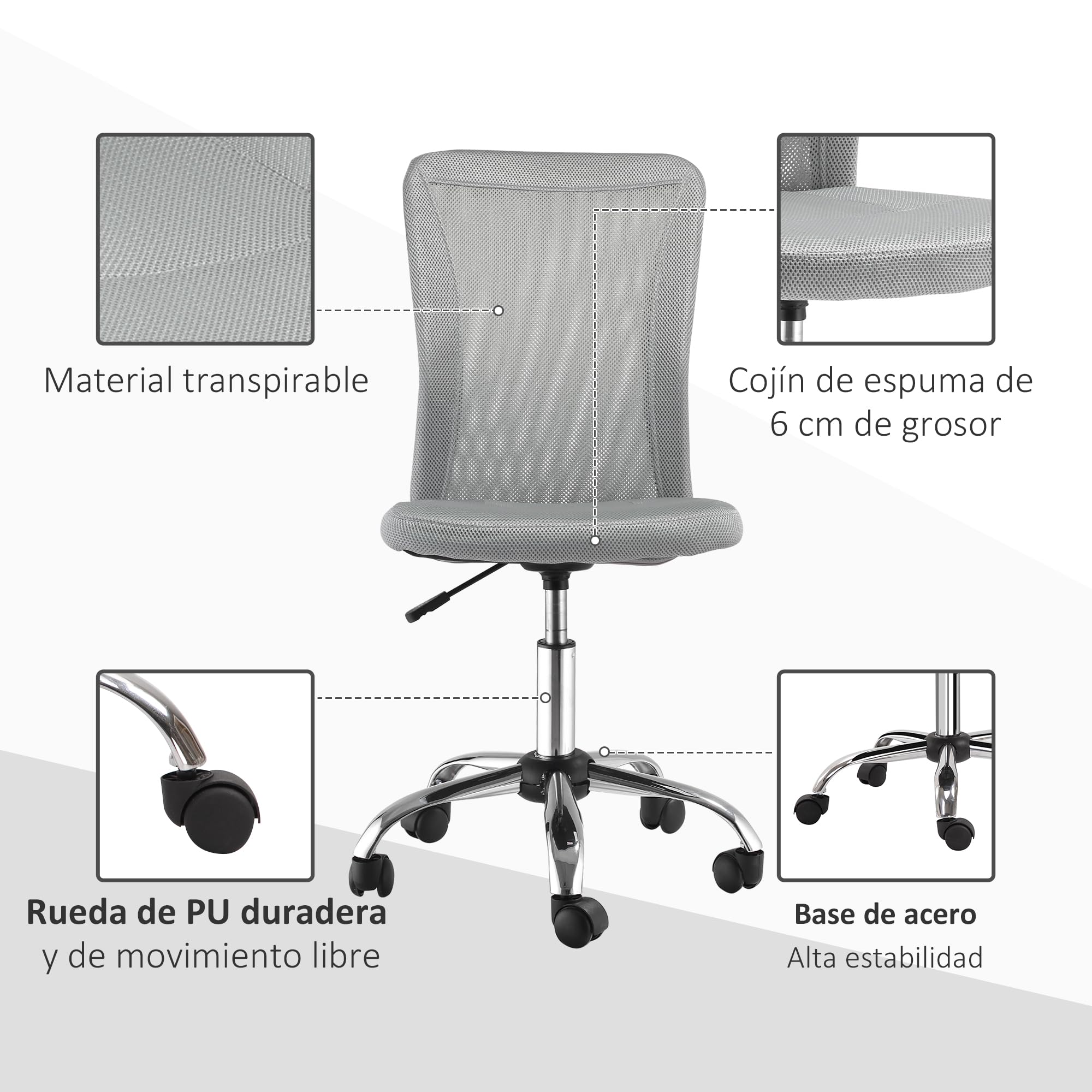 Vinsetto Silla de Oficina de Malla sin Brazos 100 kg 43x58x90-100 cm Gris | Silla de Escritorio Giratoria, Altura Ajustable, para Estudio Despacho
