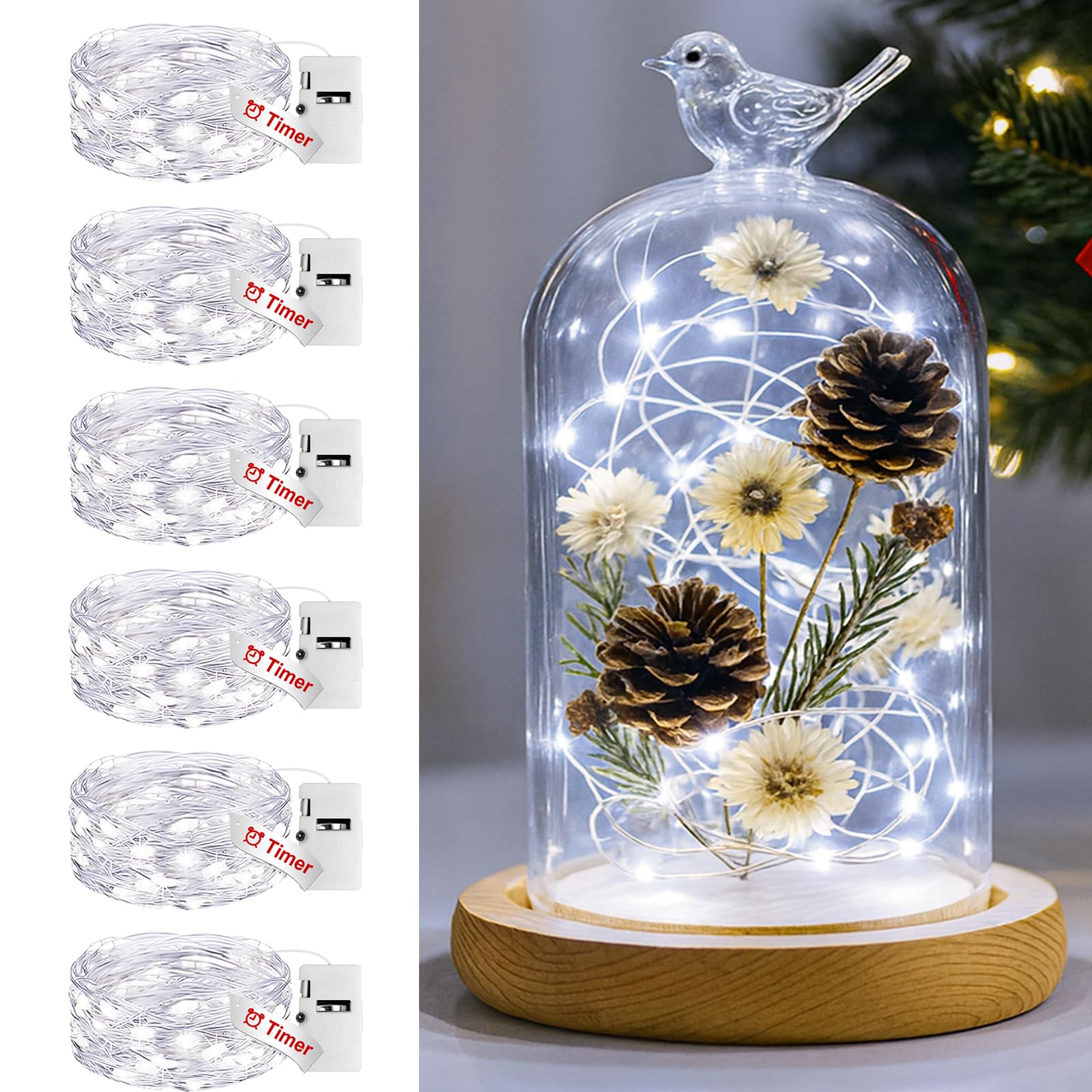 btfarm 3 Modes Fairy Lights Battery Operated with Timer, 6 Pack 2M 20 LED String Light Battery Powered, Waterproof Silver Wire Small Lights Indoor Outdoor Decor for Christmas Jars Bedroom, Cool White