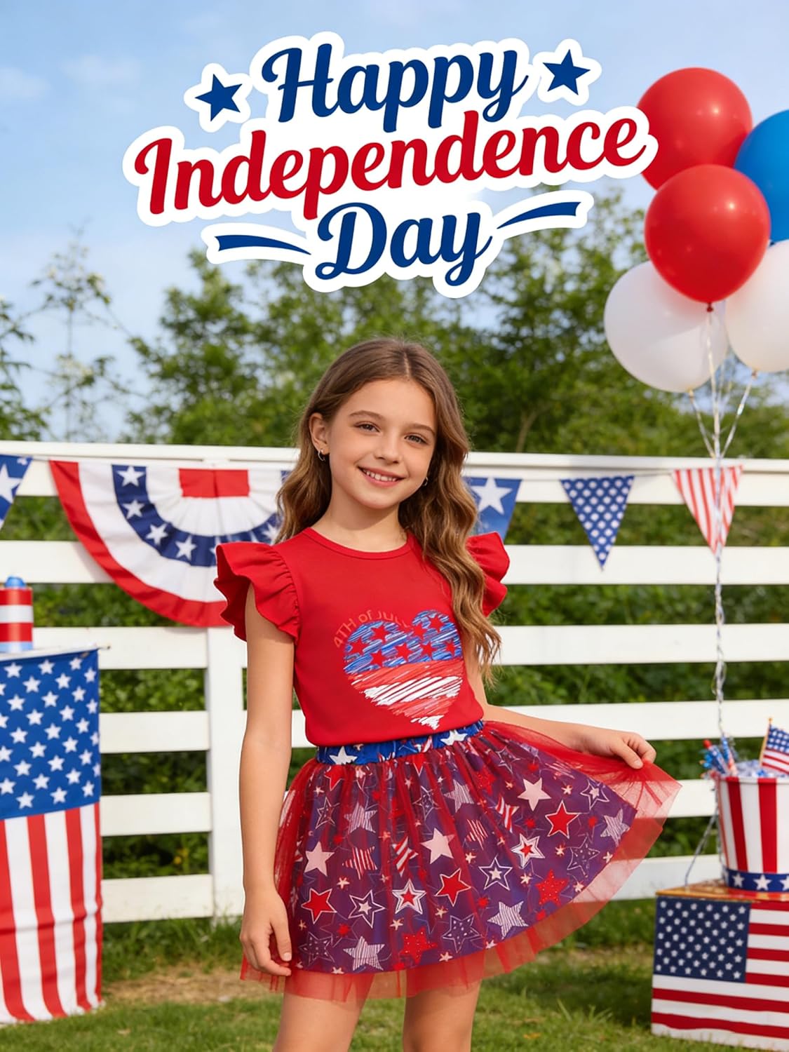 RETSUGO Baby Girls 4th of July Outfit Tulle Tutu Skirts Set Toddler Kids American Flag Heart Print Dress 2-8 Years Old