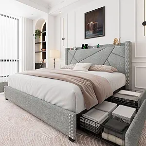 Feonase King Size Platform Bed Frame with 4 Storage Drawers, Upholstered Bed with Charging Station, Solid Wood Slats Support, Light Gray