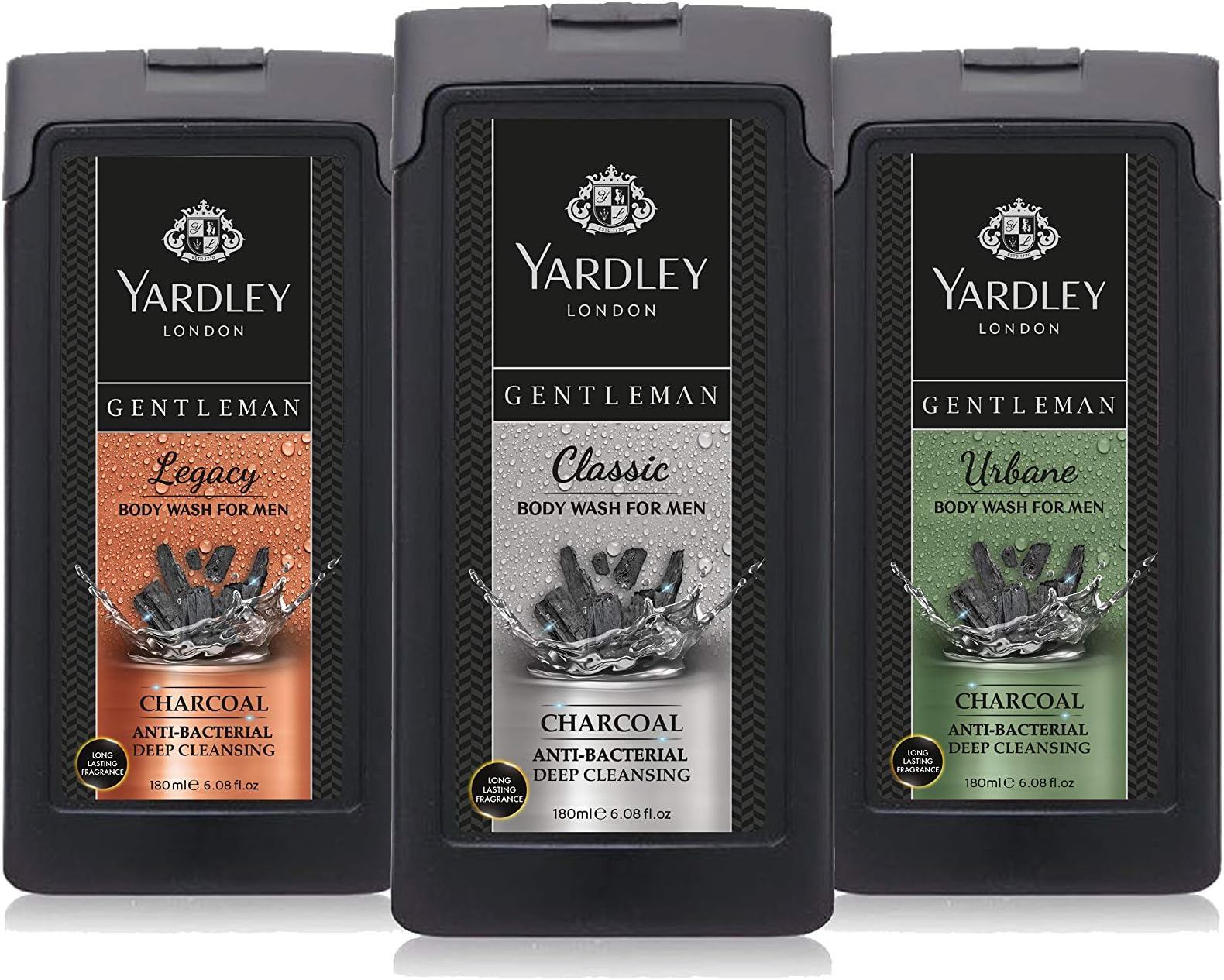 Yardley Gentleman Antibacterial Deep Cleansing Charcoal Body Wash - 1 Classic & 2 Legacy, 180 ml (Pack of 3)
