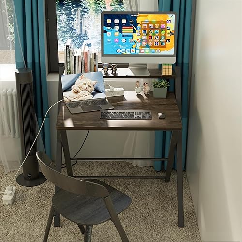 Miniatura 2 de GreenForest Escritorio plegable sin montaje, escritorio compacto de 2 niveles para computadora con estante, mesa plegable que ahorra espacio para