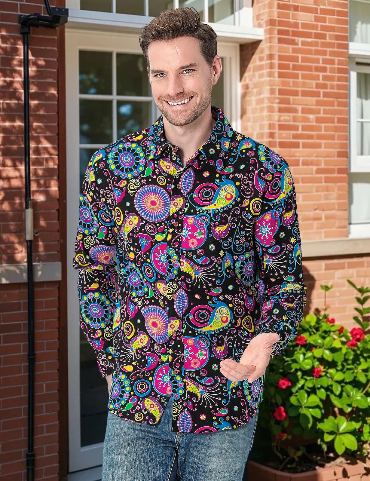 Chemise Hippie années 70 pour Homme Manches Longues Chemises Casual Fleur Moche