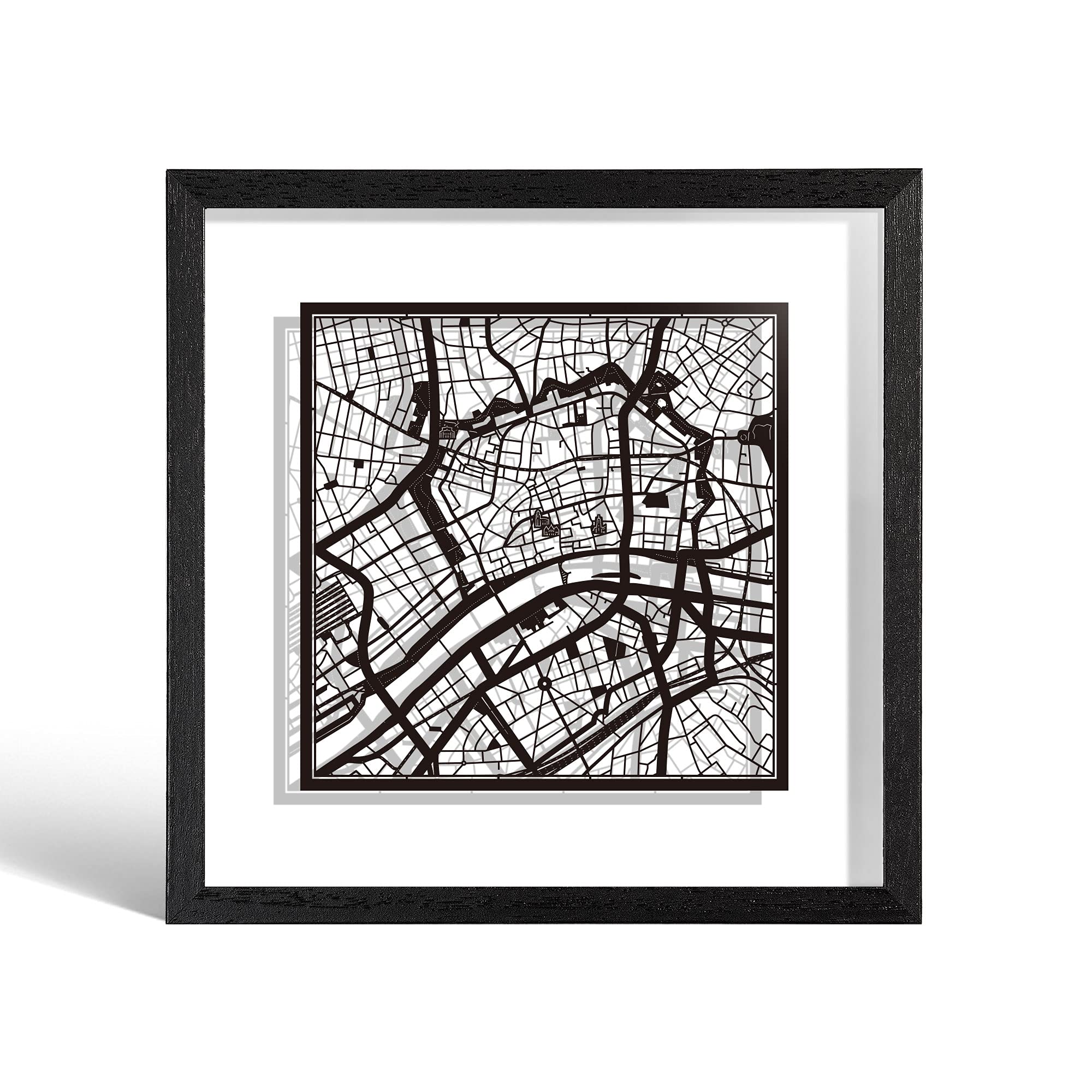 O3 DESIGN STUDIO Frankfurt am Main Paper Cut Map framed, Black map, Black frame, 23x23 cm, Gift Boxed, 2 background color, self-changing, Paper Art