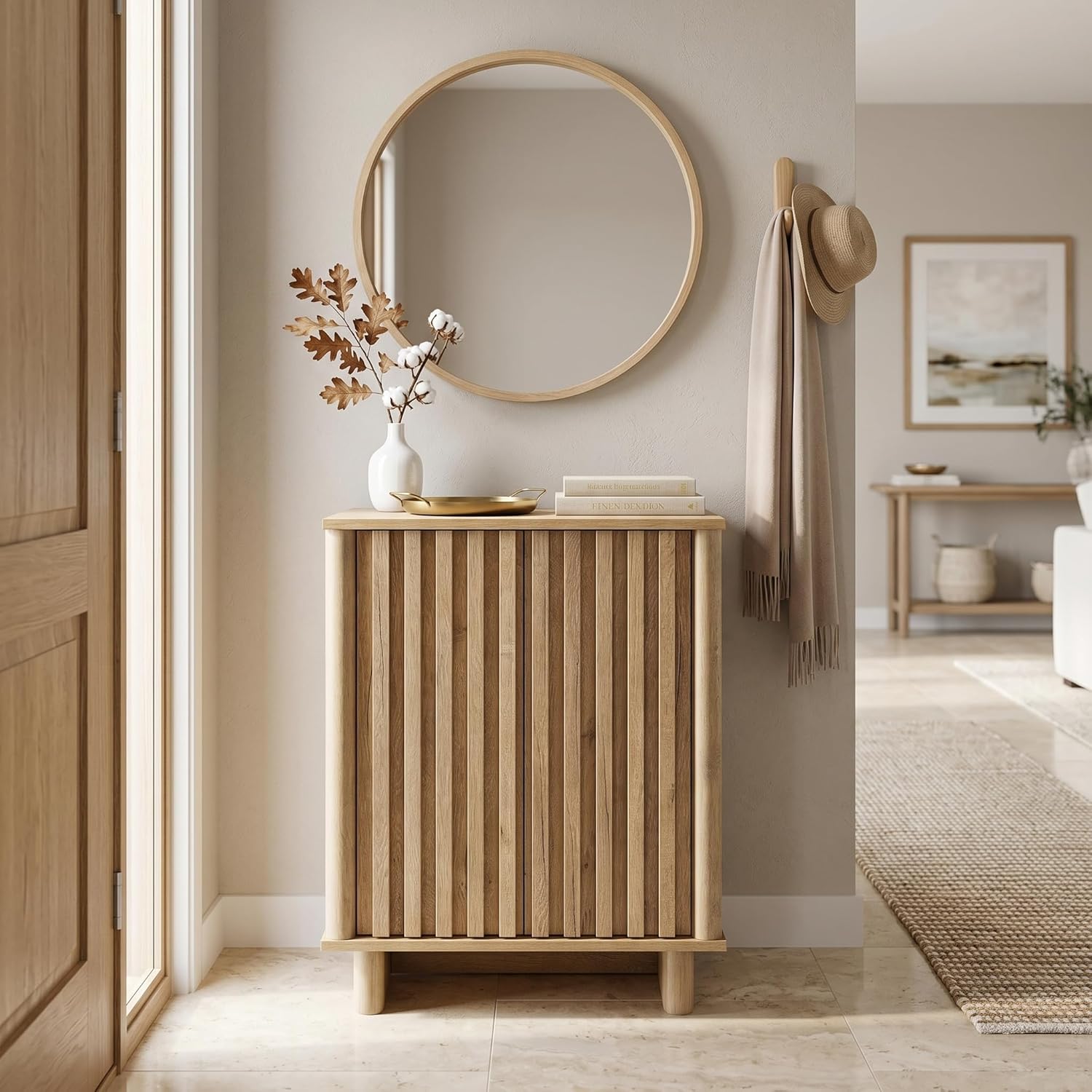 Natural Storage Cabinet Set, Freestanding Floor Cabinet 23.6” Farmhouse Sideboard with 2 Fluted Doors Wooden Buffet Cabinet Media Console Table Credenza for Living Room Dining Room Hallway, Singe